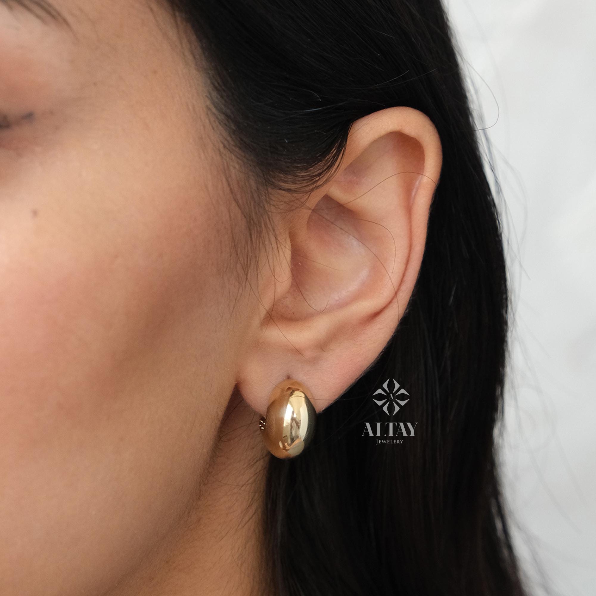 14K Gold Dome Huggie Earrings, Plain Huggie Hoop Earrings, Gold Dome Hoops, Unique Hoop Earring, Plain Gold Hinged Hoop Earring, Gift Her