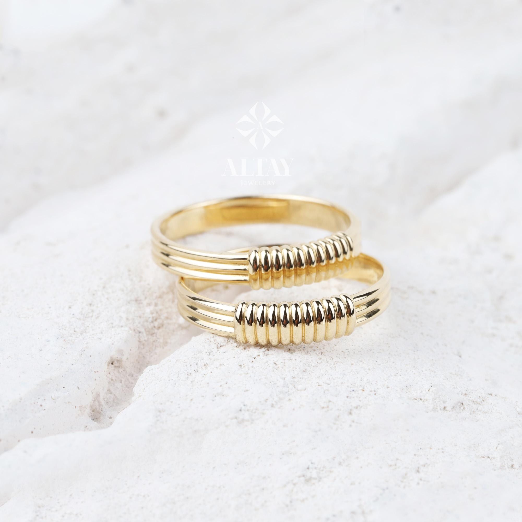 14K Gold Ribbed Ring, Croissant Braided 4mm Puff Dome Ring, Lined Statement Ring, Band Line Ring, Minimalist, Fine Jewelry Gift For Wife