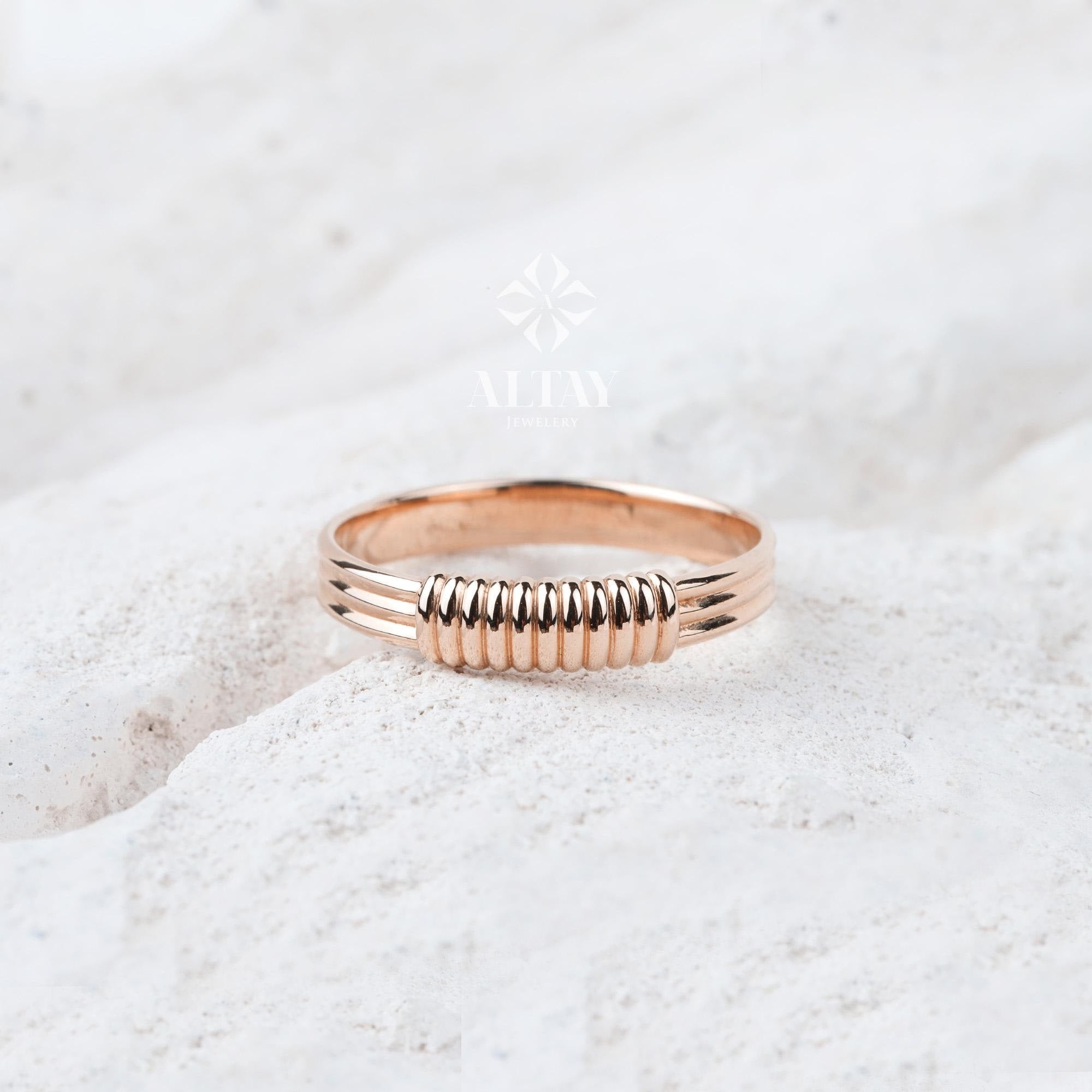 14K Gold Ribbed Ring, Croissant Braided 4mm Puff Dome Ring, Lined Statement Ring, Band Line Ring, Minimalist, Fine Jewelry Gift For Wife