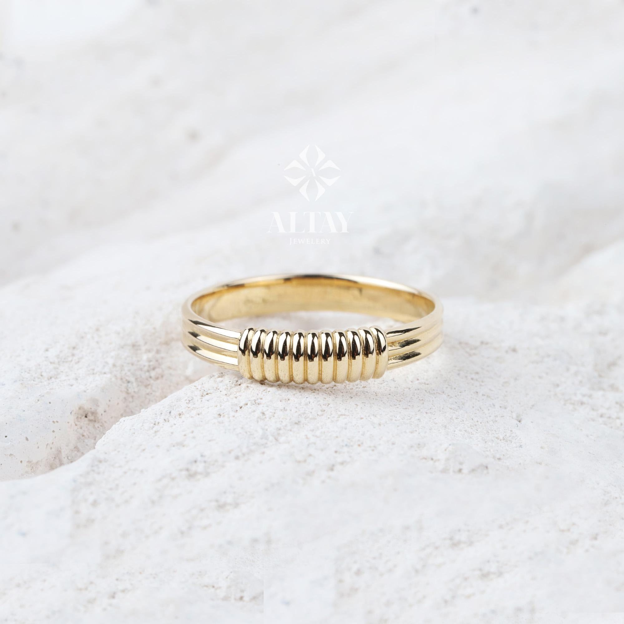 14K Gold Ribbed Ring, Croissant Braided 4mm Puff Dome Ring, Lined Statement Ring, Band Line Ring, Minimalist, Fine Jewelry Gift For Wife