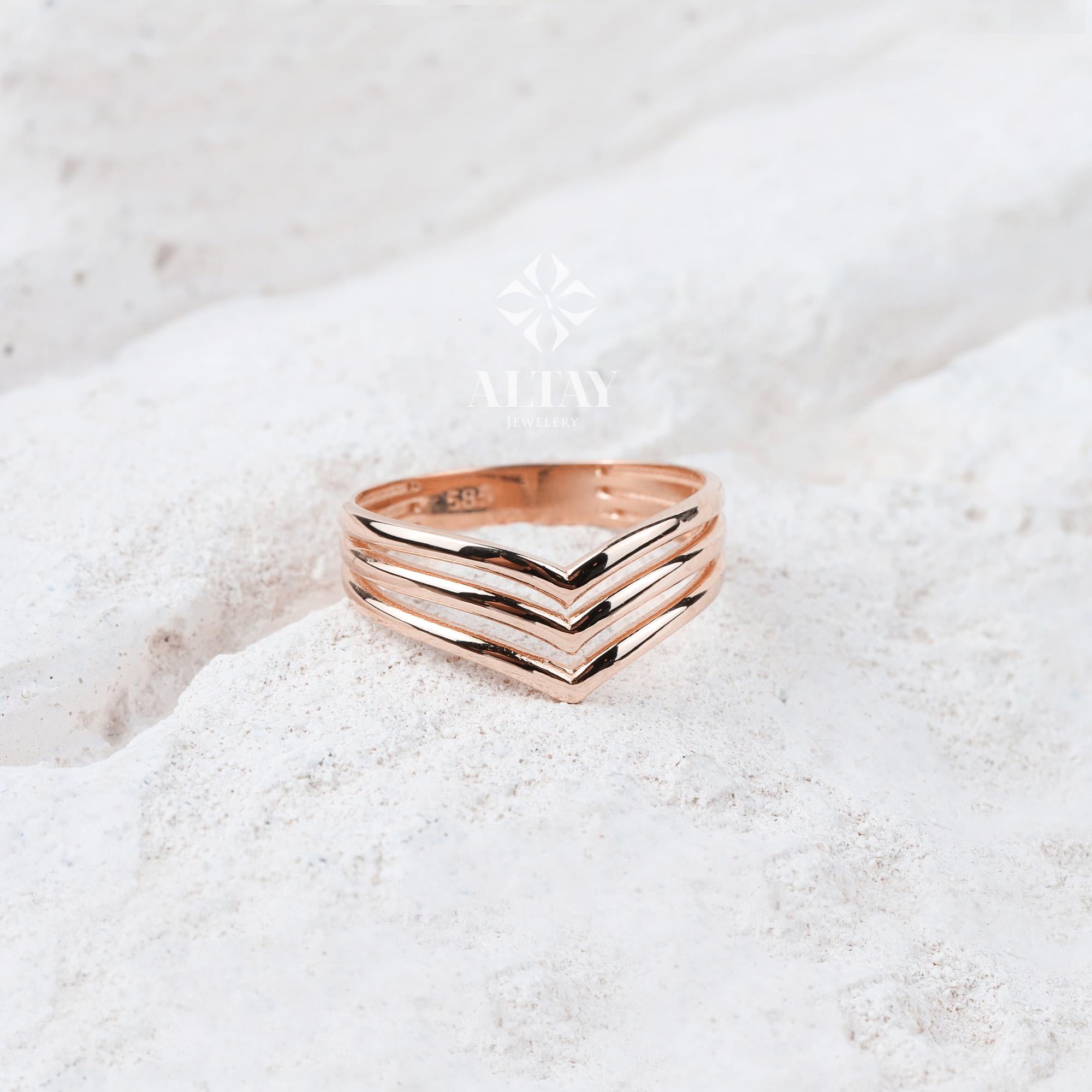 14K Gold Triple Chevron Ring, V Ring, Gold Curved Band, Chevron Stackable Knuckle Ring, Stacking Nesting Band, Minimalist Matching Band Ring