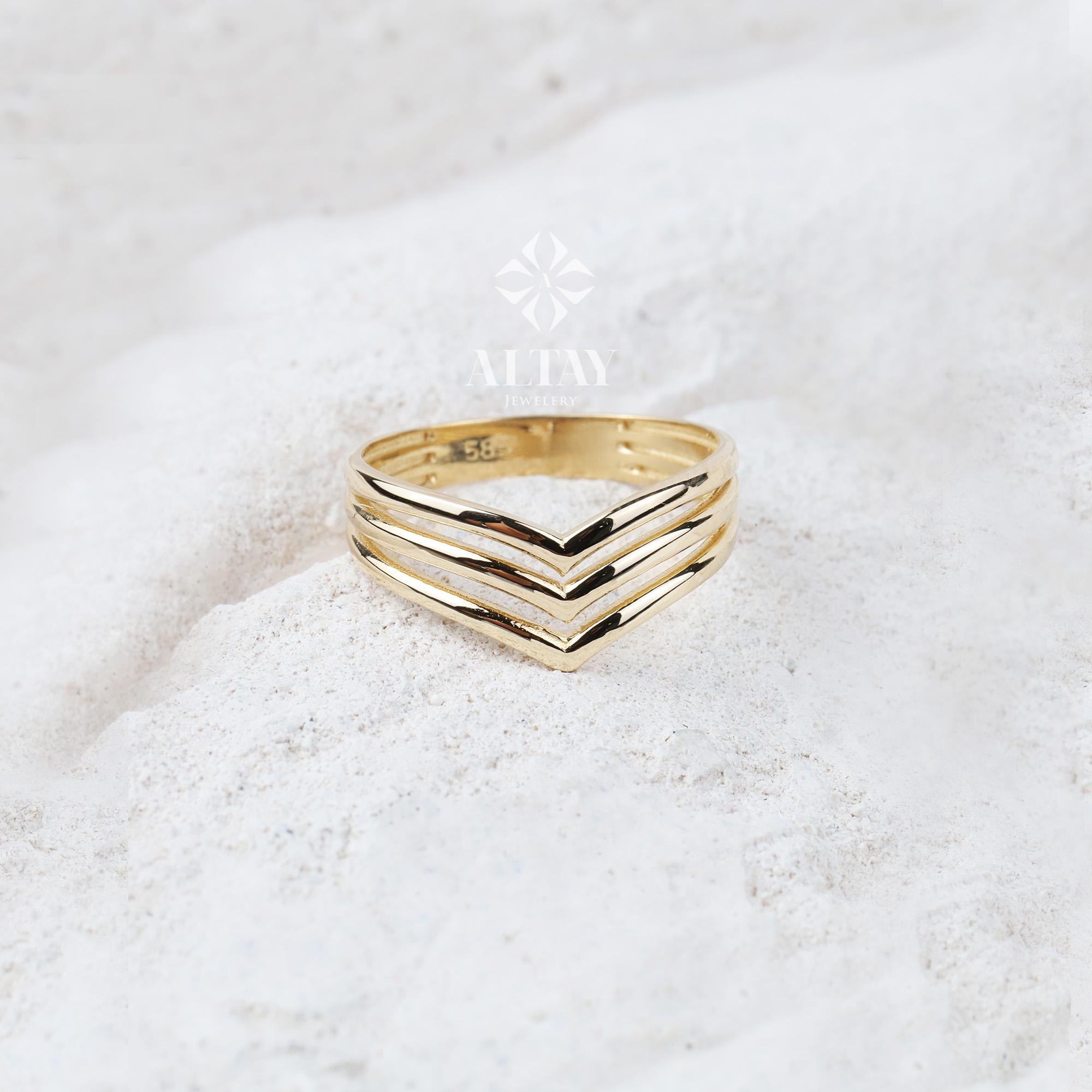 14K Gold Triple Chevron Ring, V Ring, Gold Curved Band, Chevron Stackable Knuckle Ring, Stacking Nesting Band, Minimalist Matching Band Ring