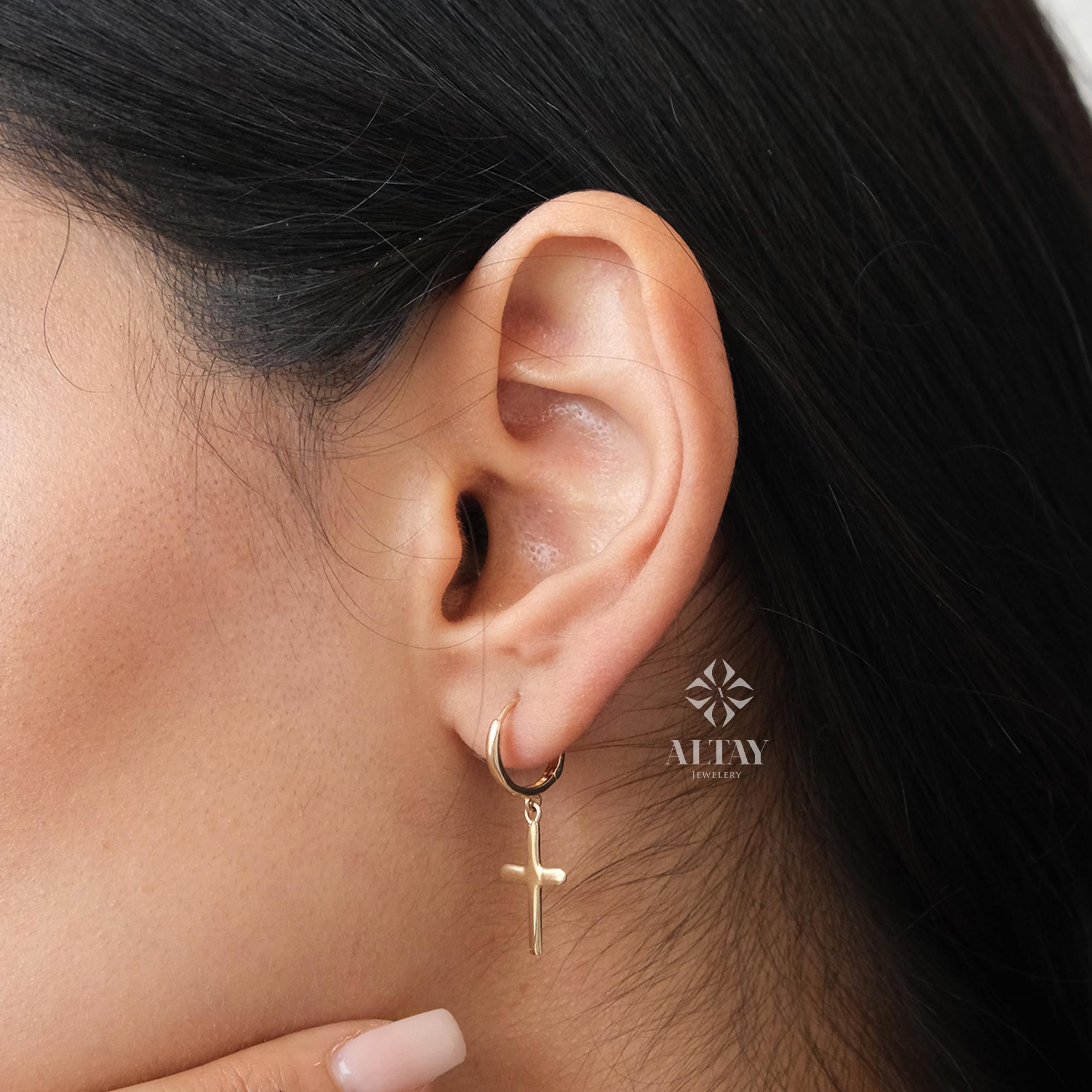 14K Gold Cross Dangle Earrings, Dainty Crucifix Earrings, Huggie Hoop Earrings, Protection Jewelry, Religious Jewelry, Christian Charm