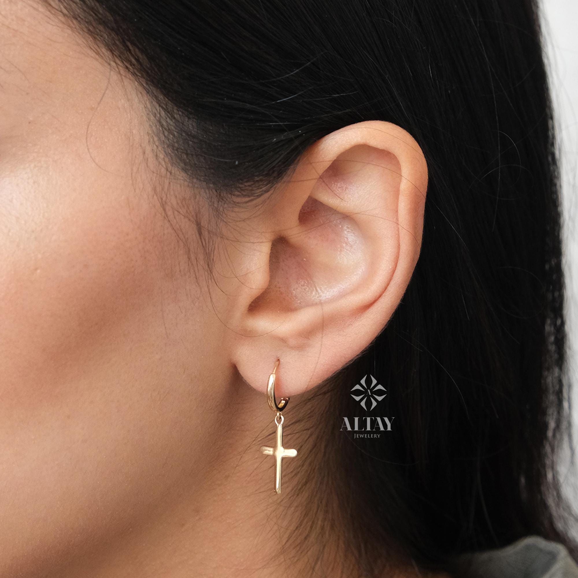 14K Gold Cross Dangle Earrings, Dainty Crucifix Earrings, Huggie Hoop Earrings, Protection Jewelry, Religious Jewelry, Christian Charm