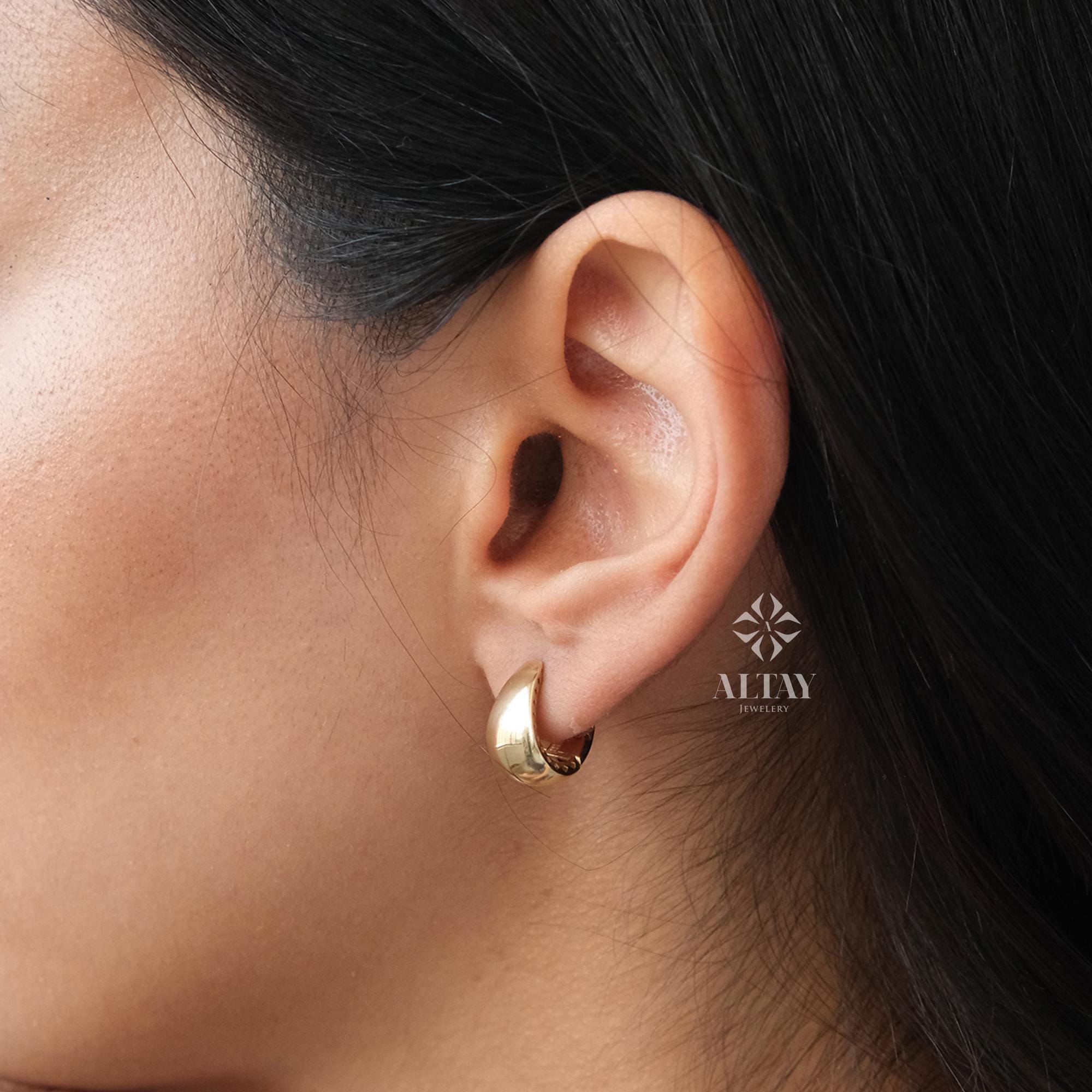 14K Gold Dome Huggie Earrings, Plain Huggie Hoop Earrings, Gold Dome Hoops, Unique Hoop Earring, Plain Gold Hinged Hoop Earring, Gift Her