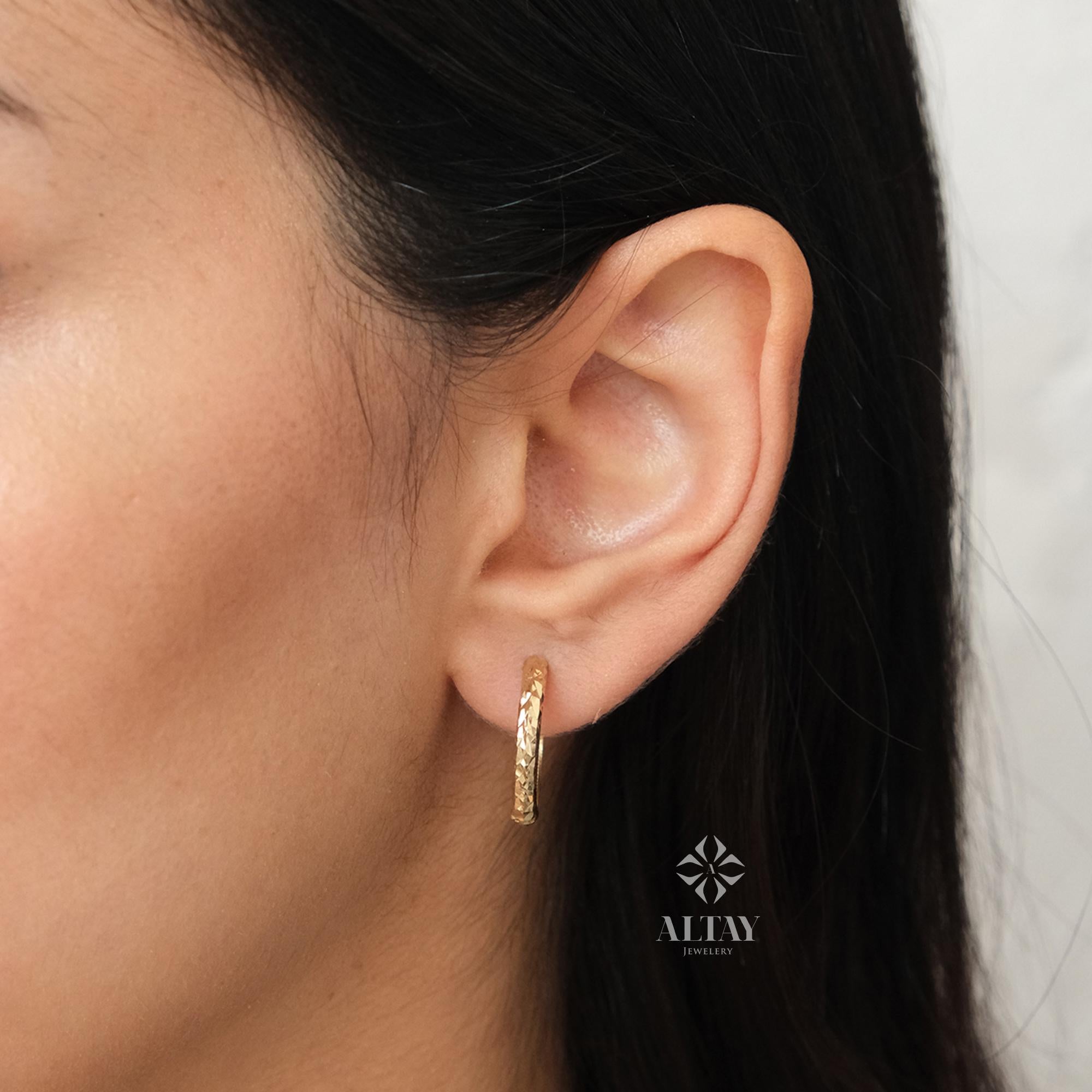 14K Gold Cuff Dome Huggie Earrings, Disco Ball Pattern Hoops, Curved Dome Hoop Earrings, Unisex Adult, Earlobe, Upper Lobe Rings