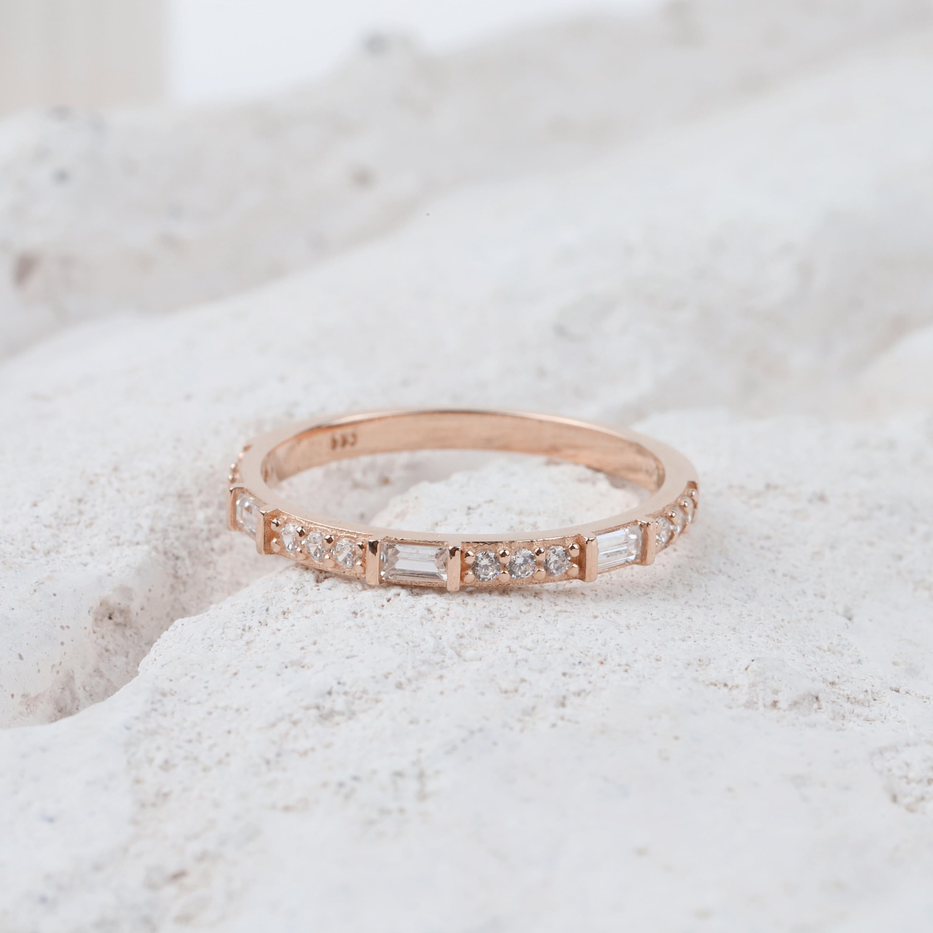 14K Gold Baguette Half Eternity Ring, CZ Diamond Wedding Ring, Baguette Wedding Ring, Delicate Engagement Ring, Stacking Promise Band Ring