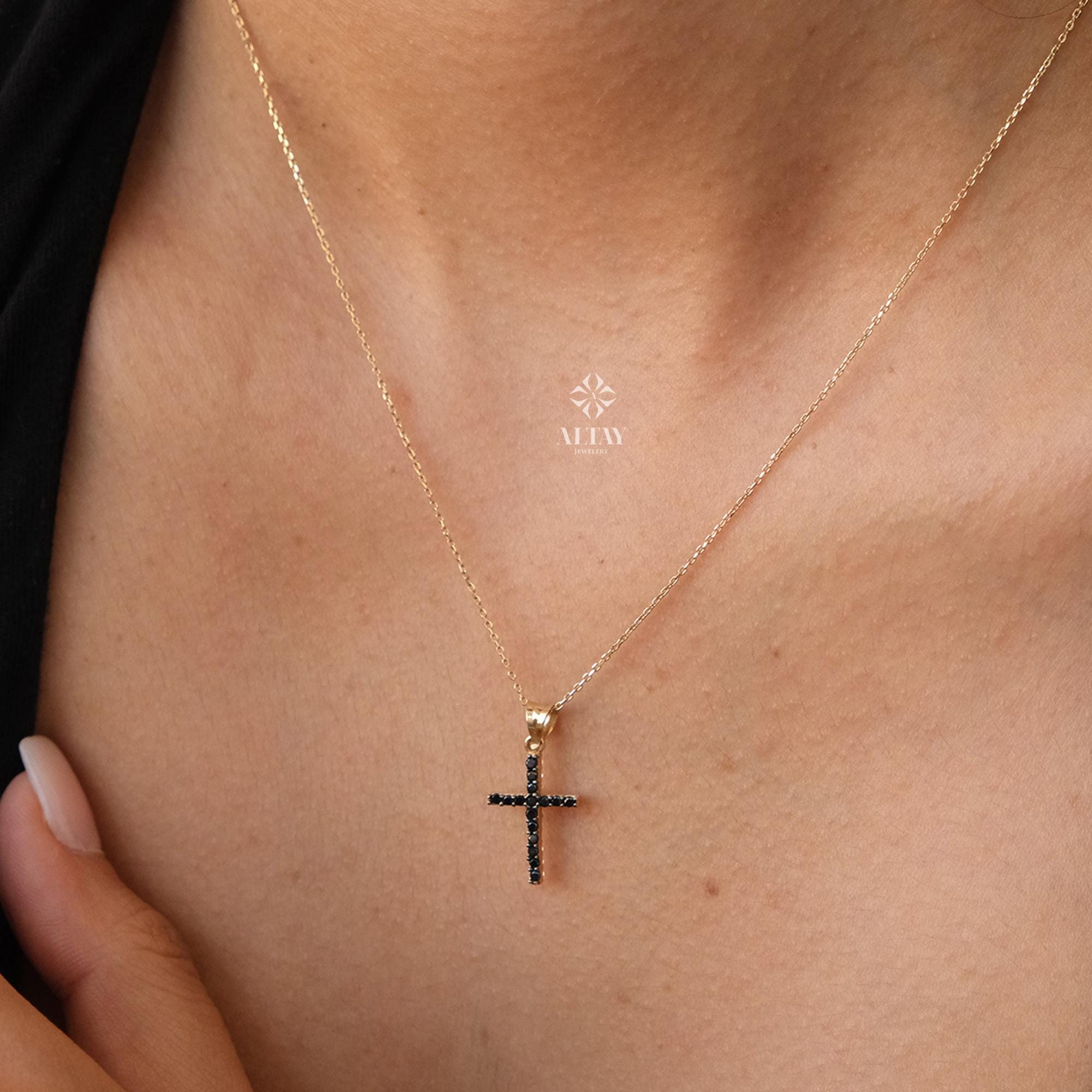 14K Gold Black Cross Necklace, Dainty Black Stone Cross Pendant, Real Gold Religious Necklace, Simple Faith Jewelry, Gift for Her