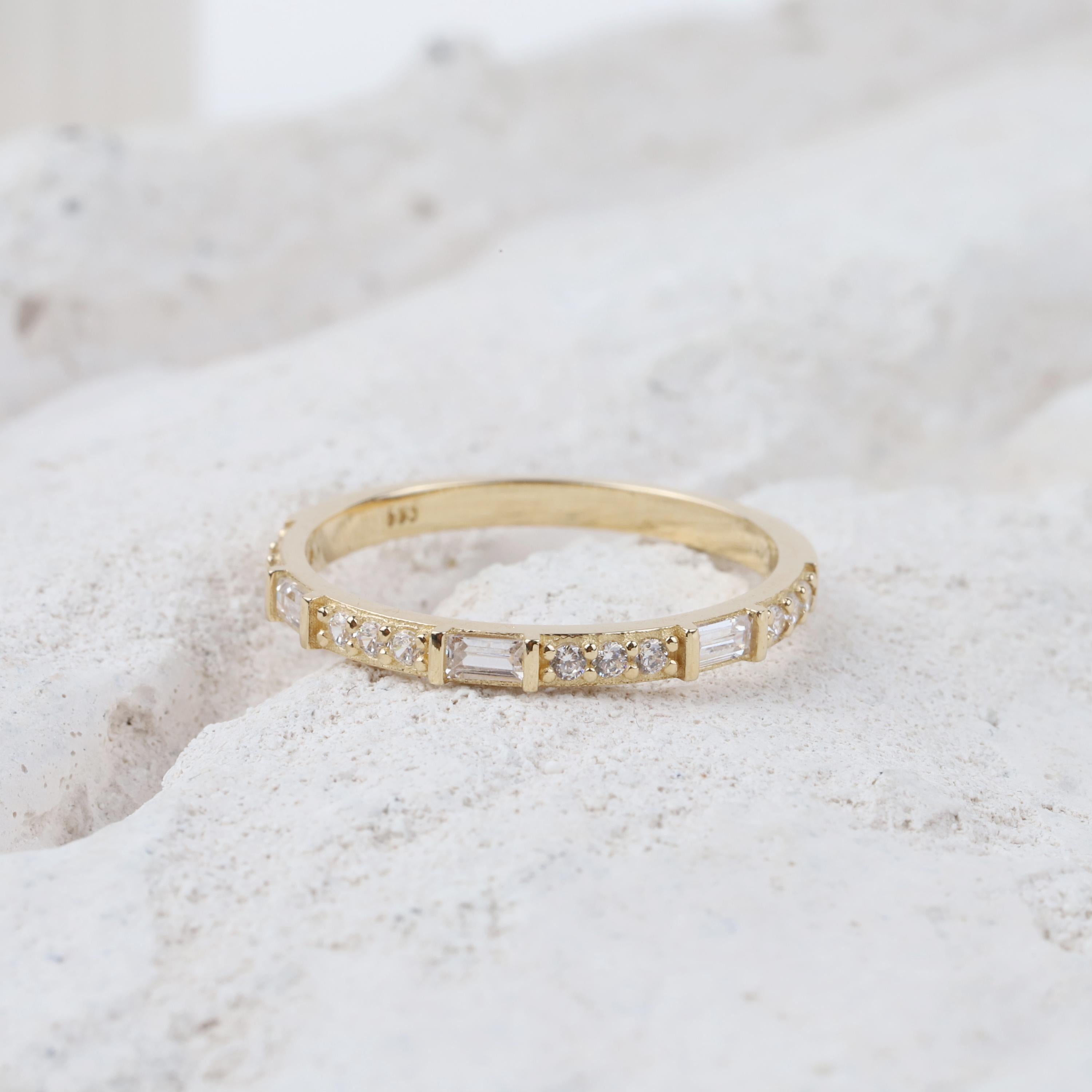 14K Gold Baguette Half Eternity Ring, CZ Diamond Wedding Ring, Baguette Wedding Ring, Delicate Engagement Ring, Stacking Promise Band Ring