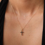 14K Gold Black Cross Necklace, Dainty Black Stone Cross Pendant