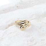 14K Gold Teardrop Ring, Two Band Flower Ring