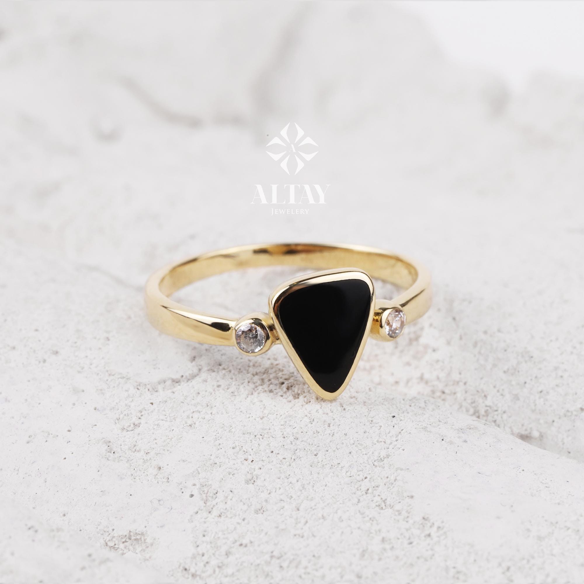 14K Gold Triangle Enamel Band Ring, White Black Enamel Wedding Ring, Gold Matching Ring, Dainty Pointer Ring, Statement Edge Ring