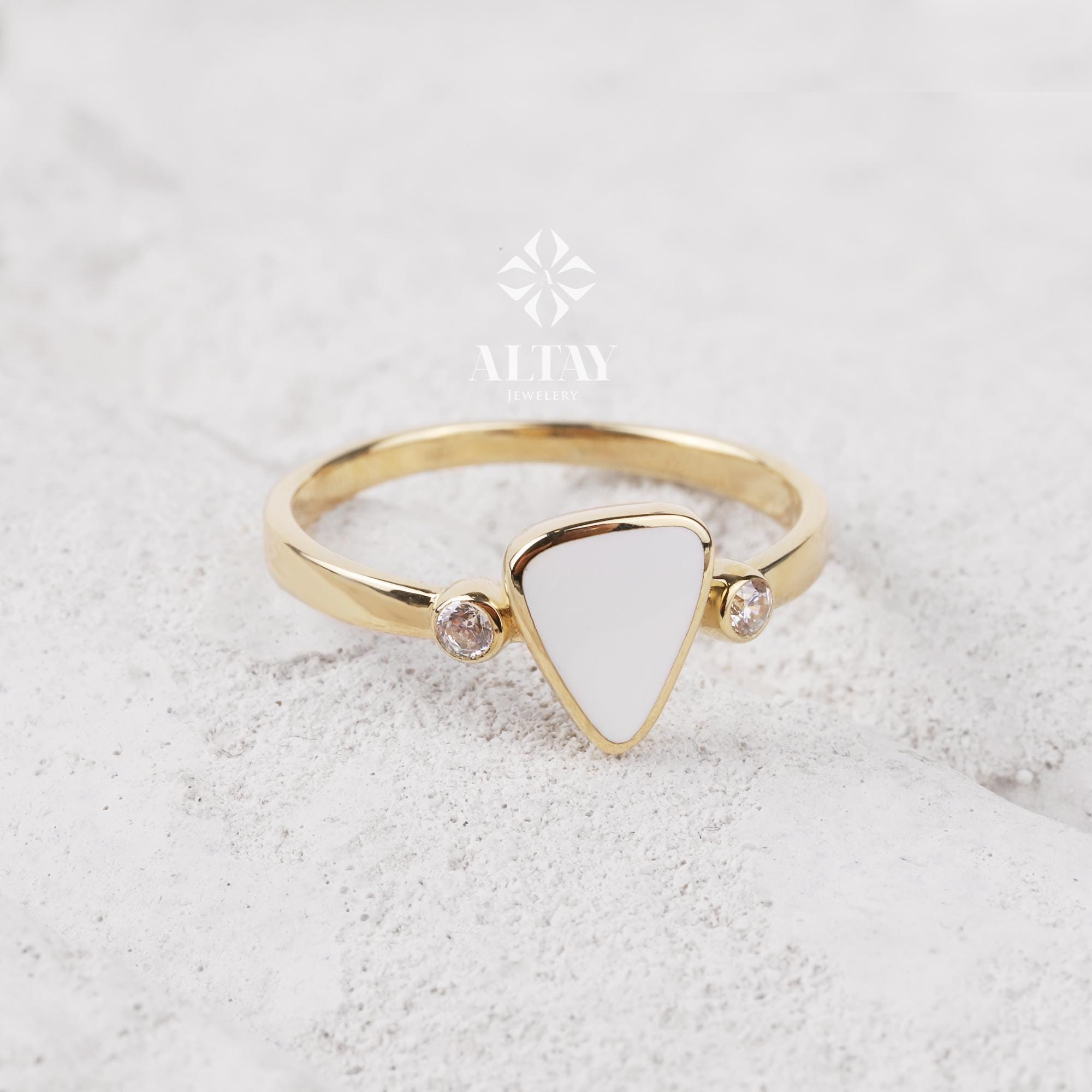 14K Gold Triangle Enamel Band Ring, White Black Enamel Wedding Ring, Gold Matching Ring, Dainty Pointer Ring, Statement Edge Ring