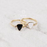 14K Gold Triangle Enamel Band Ring, White Black Enamel Wedding Ring
