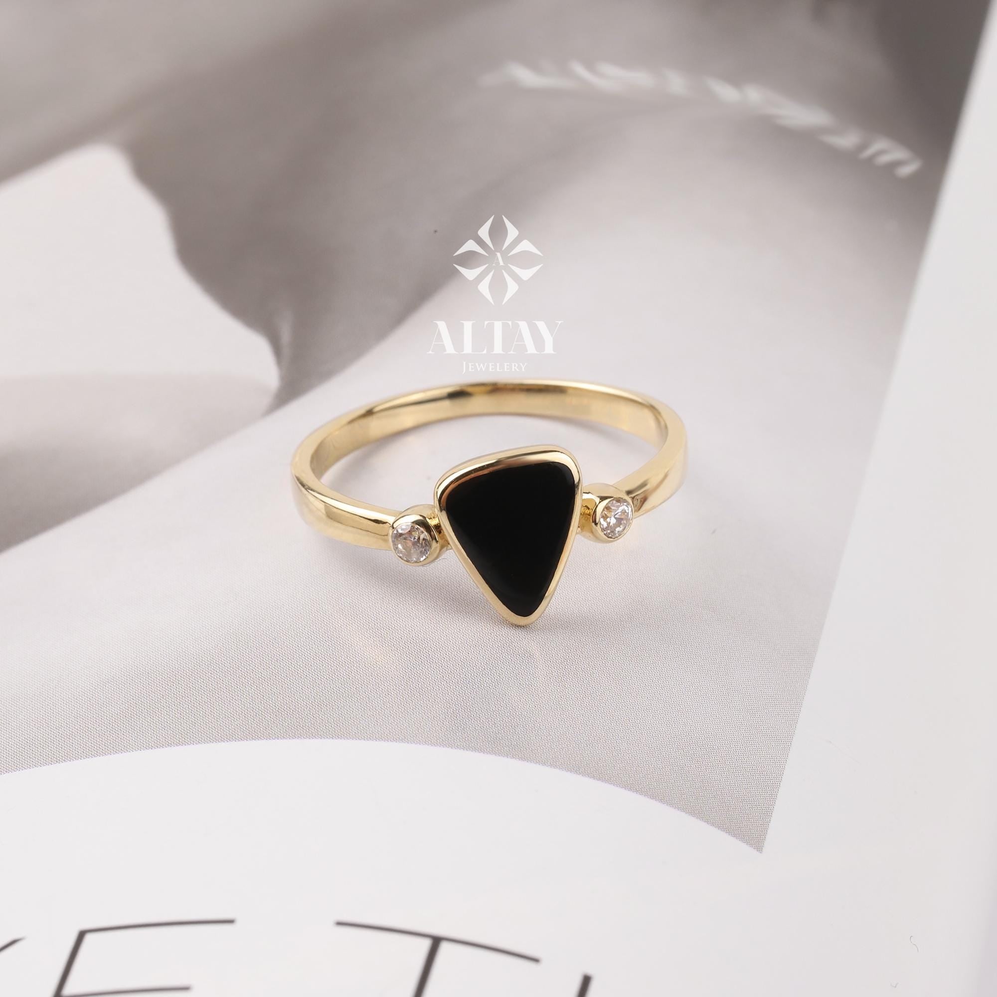 14K Gold Triangle Enamel Band Ring, White Black Enamel Wedding Ring, Gold Matching Ring, Dainty Pointer Ring, Statement Edge Ring