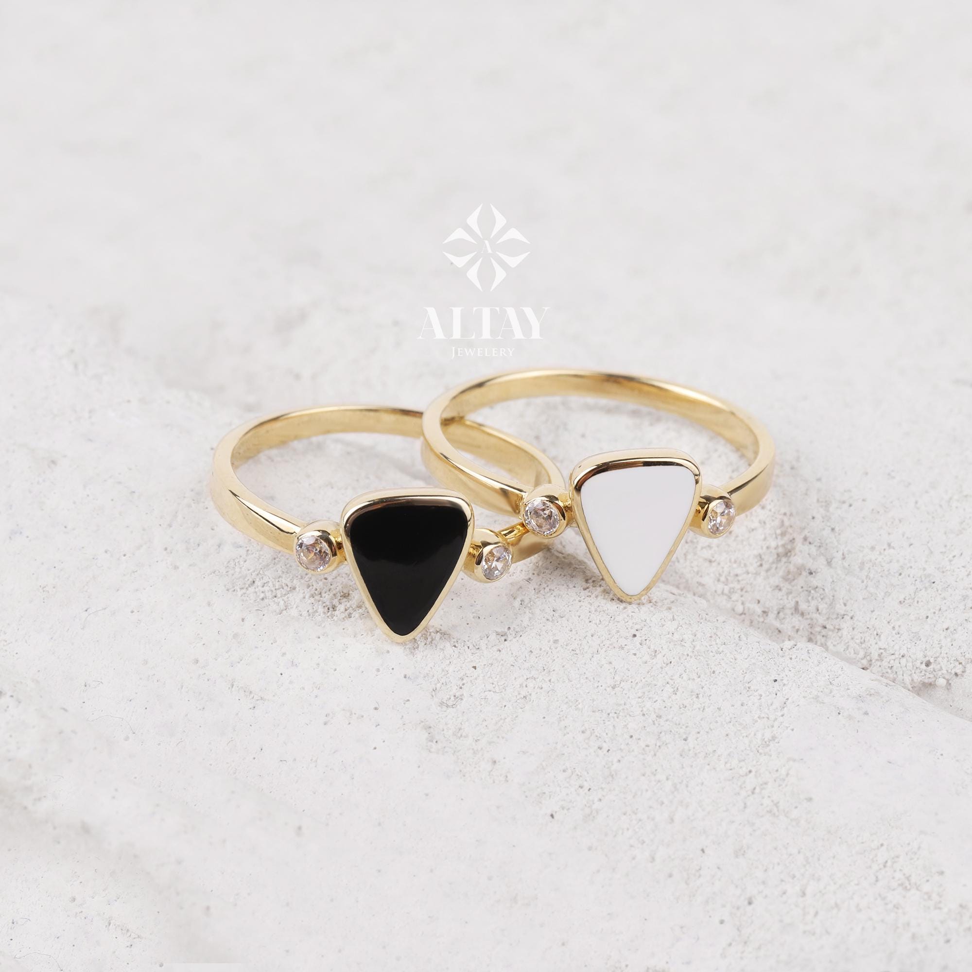 14K Gold Triangle Enamel Band Ring, White Black Enamel Wedding Ring, Gold Matching Ring, Dainty Pointer Ring, Statement Edge Ring