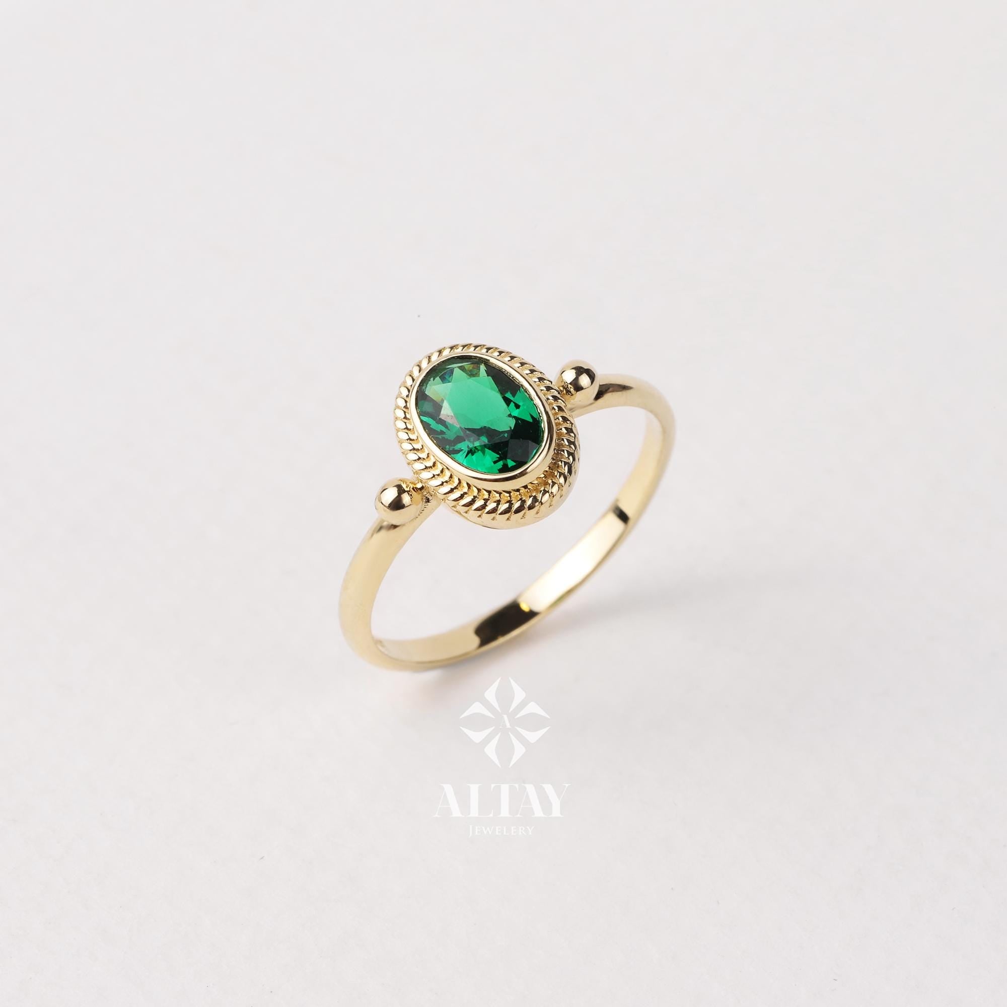 14K Gold Birthstone Ring, Emerald Gemstone Vintage Gold Stackable Ring, Dainty Gold Elegant Ring, Art Deco Wedding Band, Half Eternity Ring