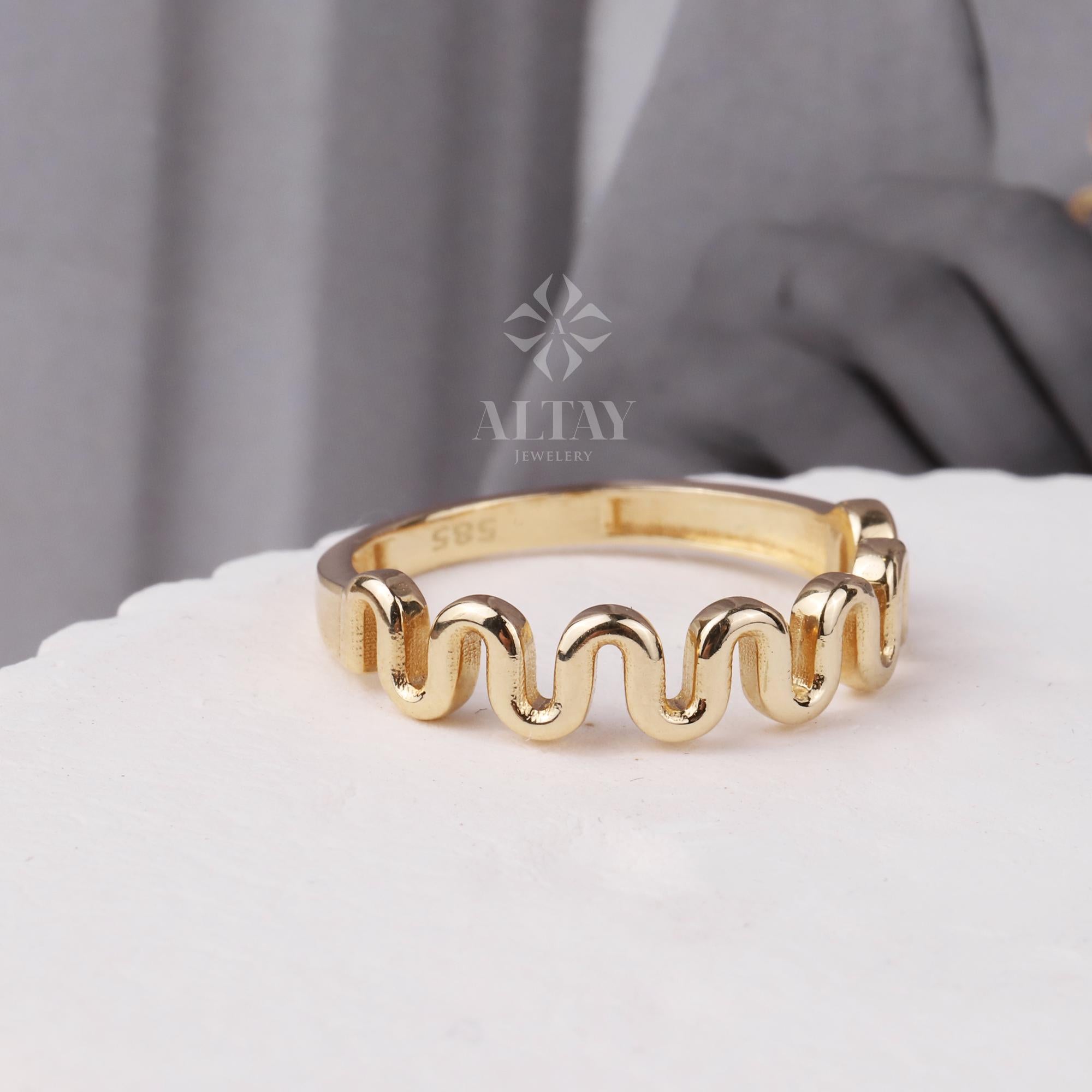 14K Gold Wave Ring, Tiny Zigzag Ring, Statement Gold Ring, Statement Marriage Ring, Curved Stacking Gold Ring, Minimal Unique Ring