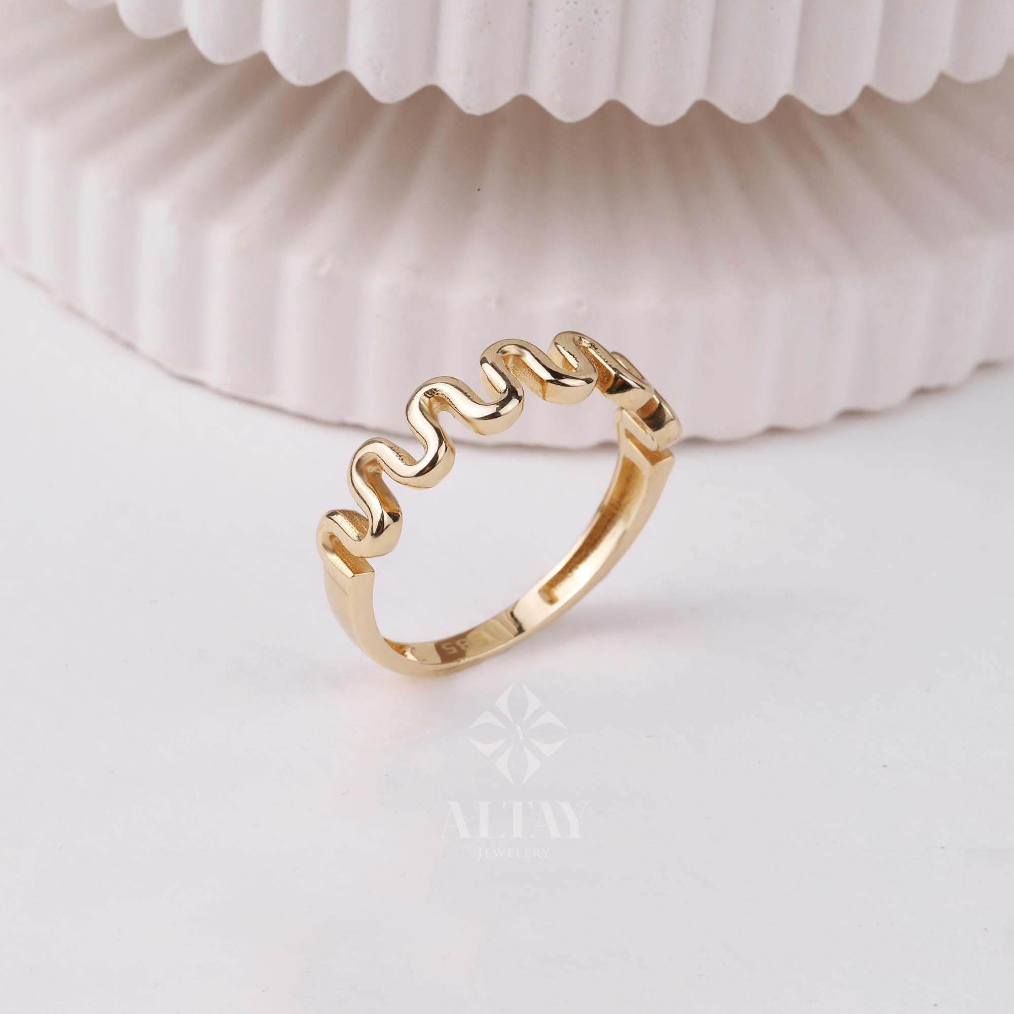 14K Gold Wave Ring, Tiny Zigzag Ring, Statement Gold Ring, Statement Marriage Ring, Curved Stacking Gold Ring, Minimal Unique Ring