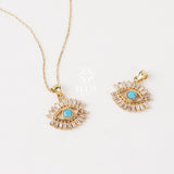 14K Gold Evil Eye Necklace, Eyelash Charm Pendant
