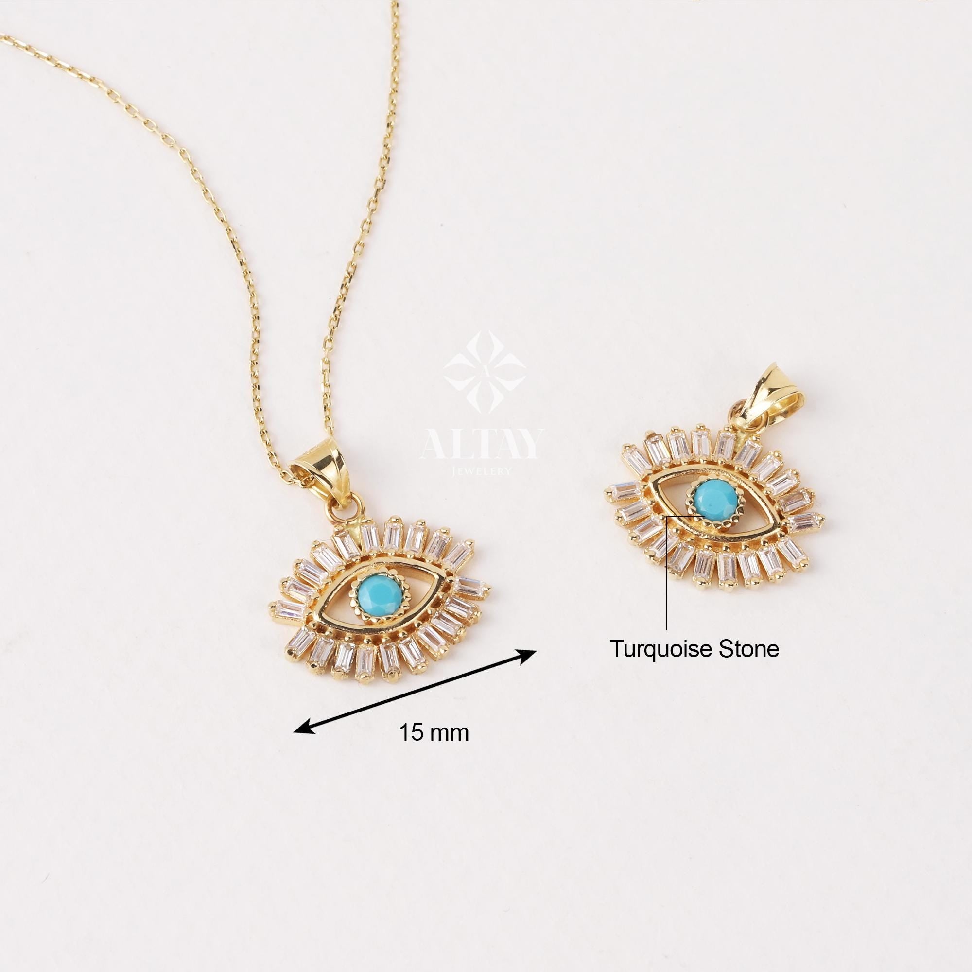 14K Gold Evil Eye Necklace, Eyelash Charm Pendant, Turquoise Stone Charm, Good Luck Protection Symbol, Dainty Necklace, Gift For Her