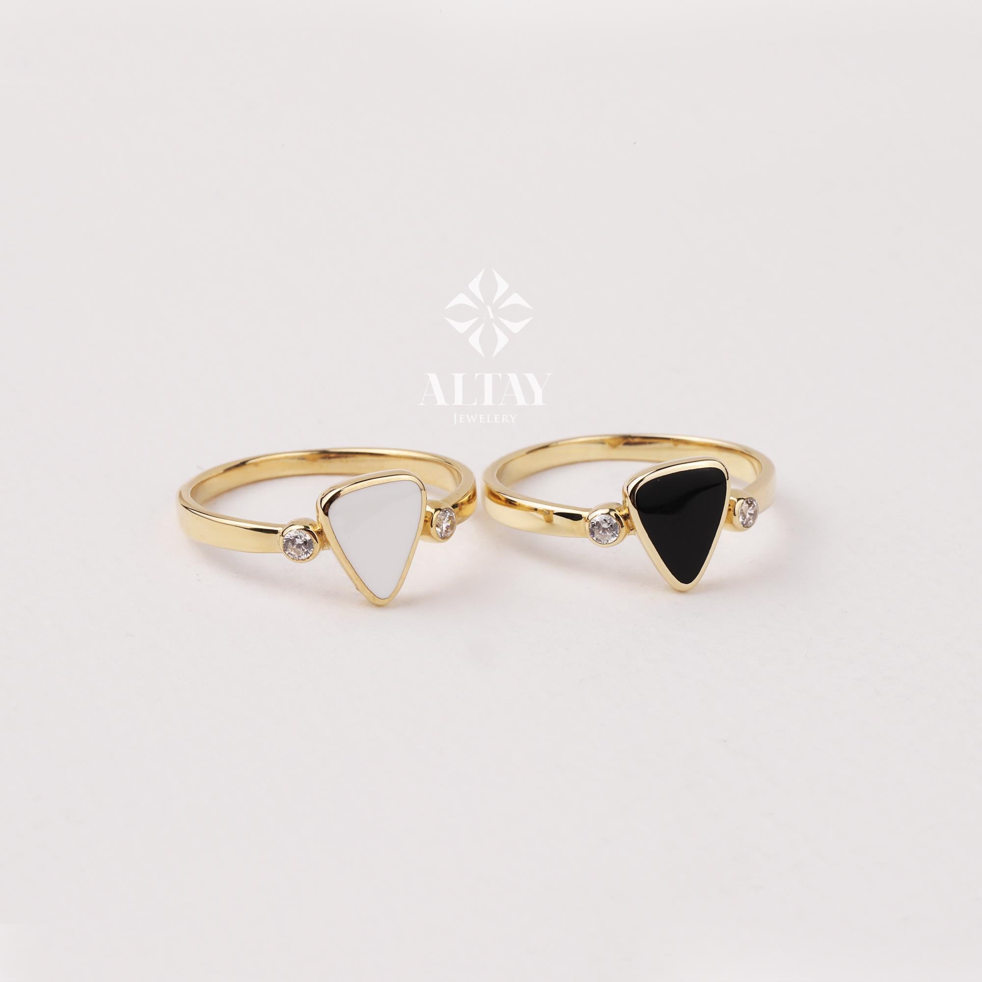 14K Gold Triangle Enamel Band Ring, White Black Enamel Wedding Ring, Gold Matching Ring, Dainty Pointer Ring, Statement Edge Ring