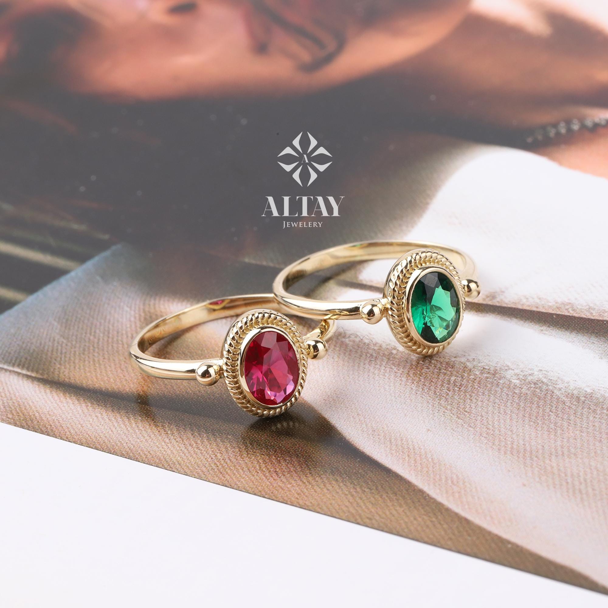 14K Gold Birthstone Ring, Emerald Gemstone Vintage Gold Stackable Ring, Dainty Gold Elegant Ring, Art Deco Wedding Band, Half Eternity Ring