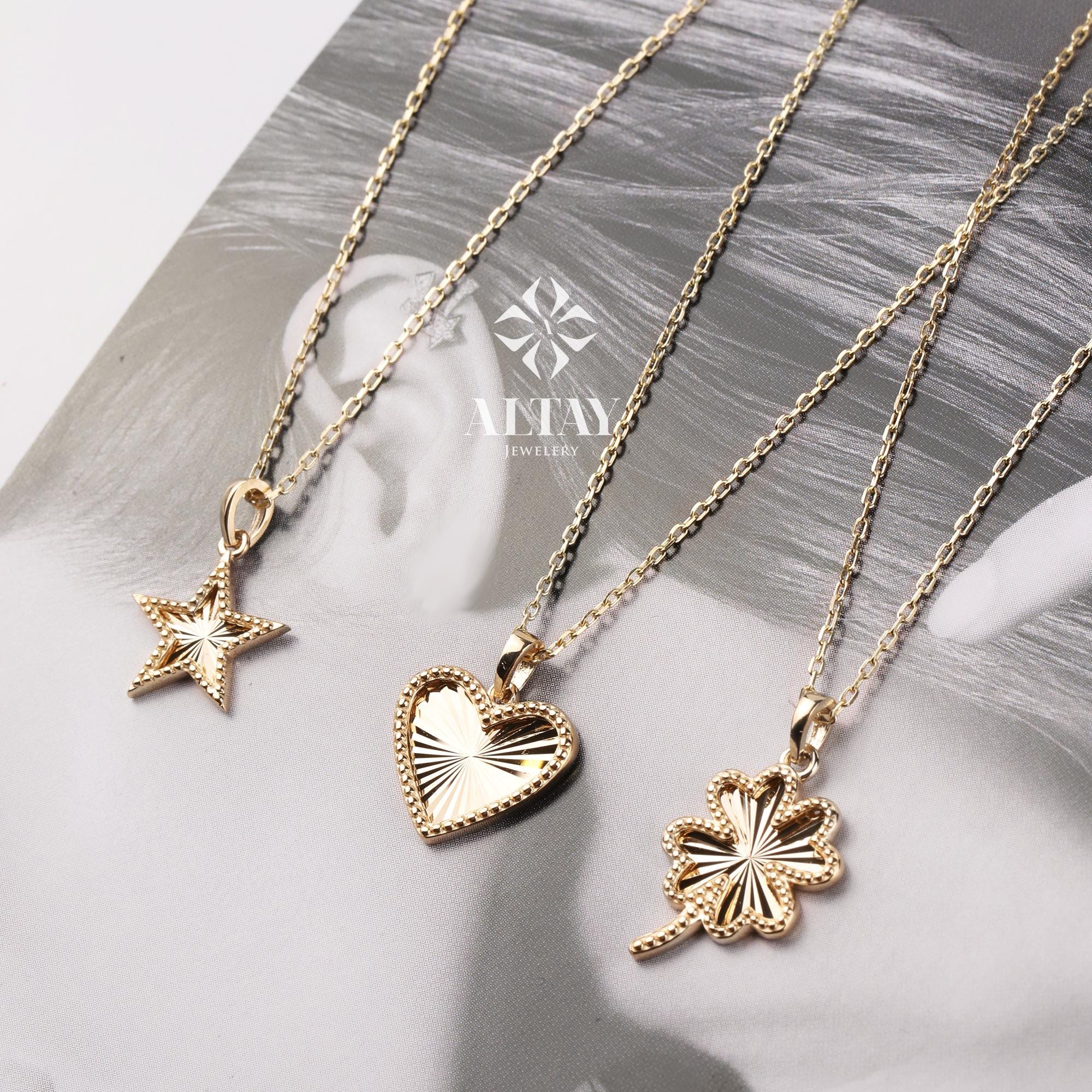 14K gold clover necklace, sparkling star and heart design