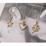 14K Gold Heart Star Clover Necklace, Mini Textured Heart Pendant