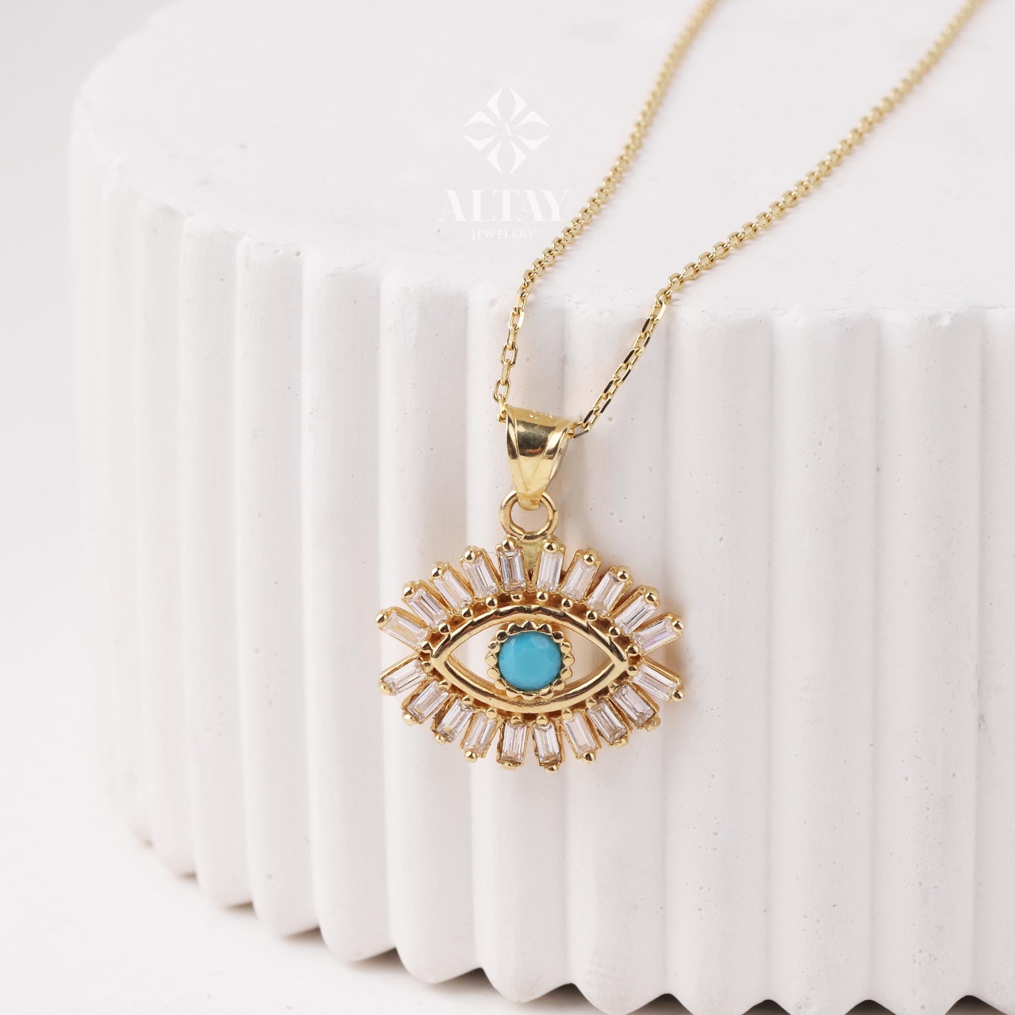 14K Gold Evil Eye Necklace, Eyelash Charm Pendant, Turquoise Stone Charm, Good Luck Protection Symbol, Dainty Necklace, Gift For Her