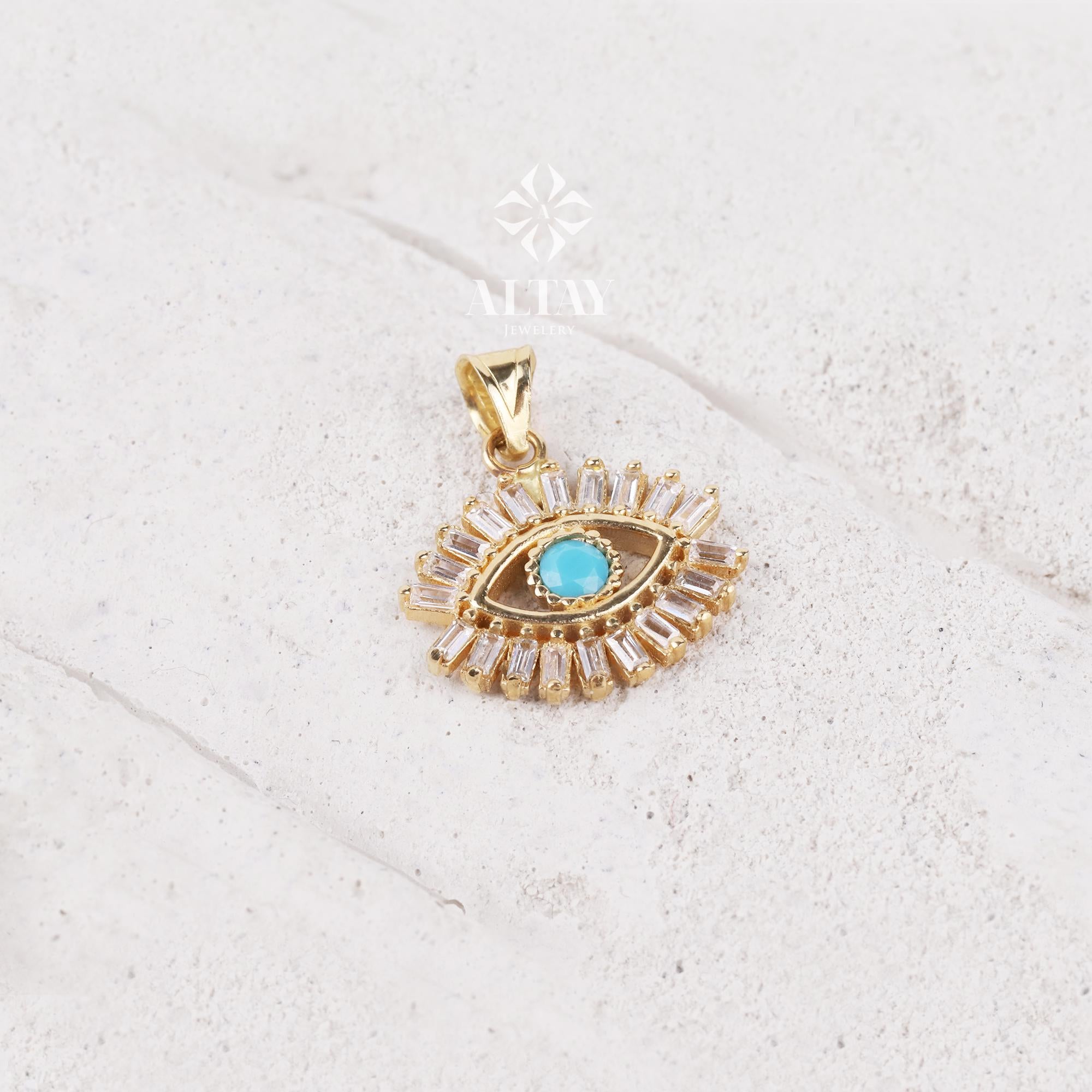 14K Gold Evil Eye Necklace, Eyelash Charm Pendant, Turquoise Stone Charm, Good Luck Protection Symbol, Dainty Necklace, Gift For Her