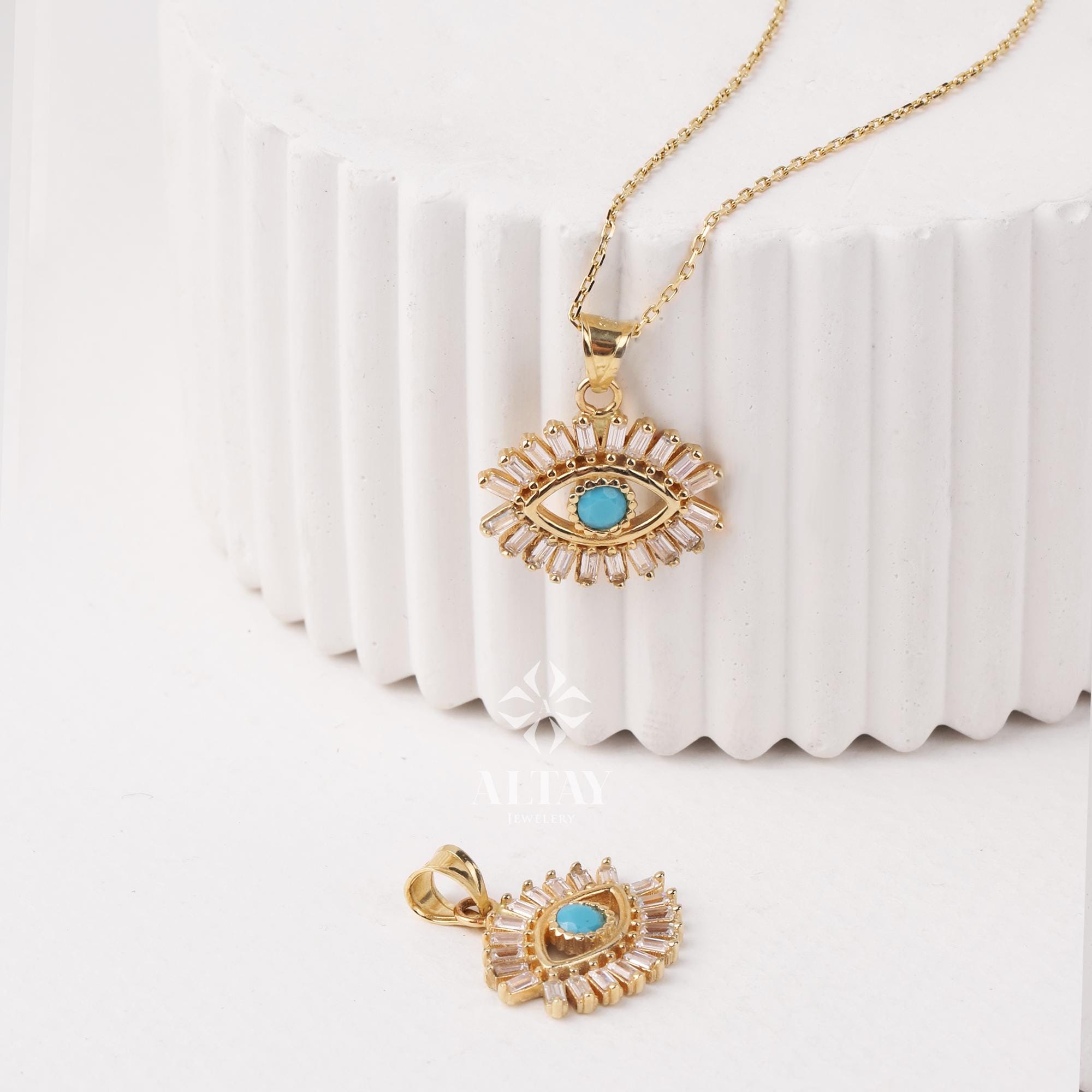 14K Gold Evil Eye Necklace, Eyelash Charm Pendant, Turquoise Stone Charm, Good Luck Protection Symbol, Dainty Necklace, Gift For Her