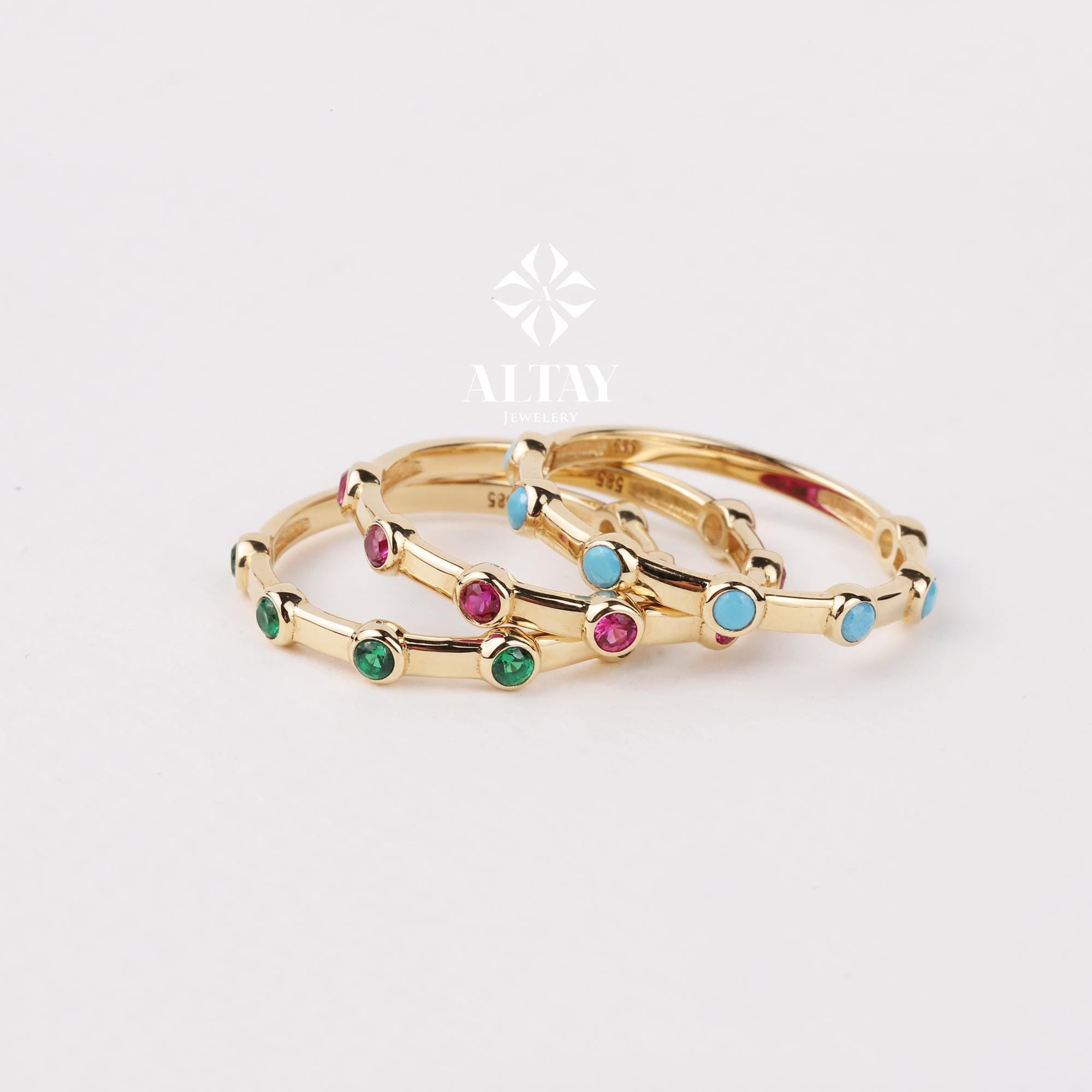 14K Gold Engagement Ring, Multi stone Gold Ring, Art Deco Band Ring, Promise Ring, Birthstone Ring, Stacking Bridal Ring, Beaded Gold Ring