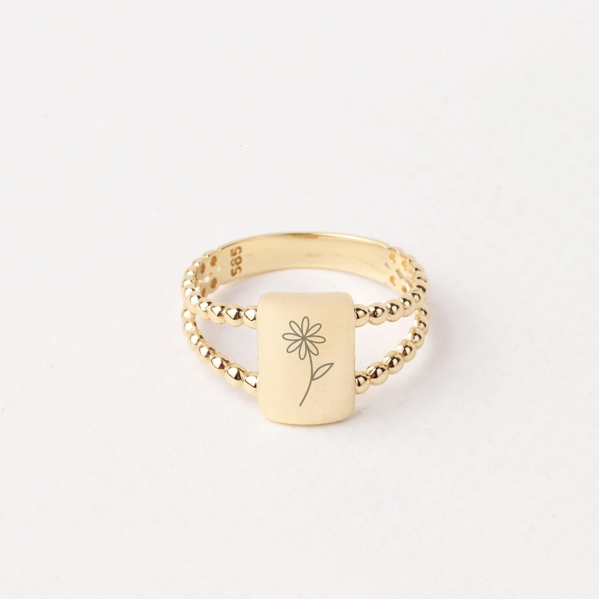 14K Gold Rectangle Name Ring, Plain Stacking Ring, Date Bar Nameplate, Stackable Knuckle, Custom Name Ring, Flower Engraved Personalized