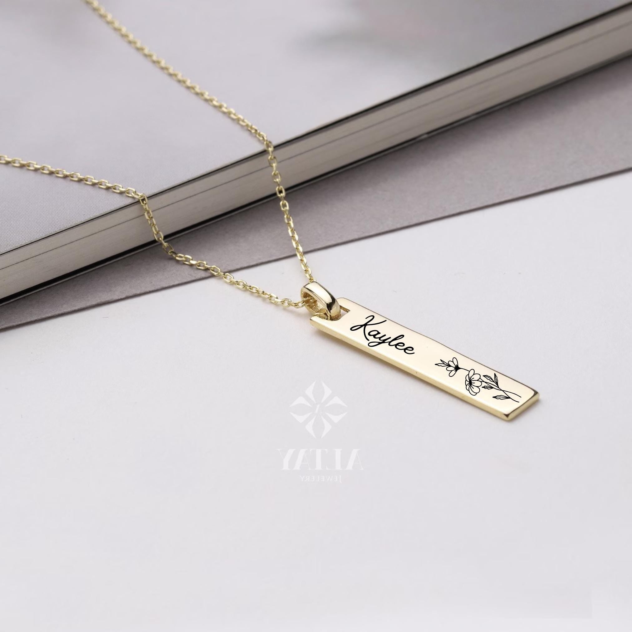 14K Gold Birth Flower Tag Necklace, Gold Bar Tag Pendant, Custom Engraved Birth flower Necklace, Floral Dainty Charm, Flower Birth Month