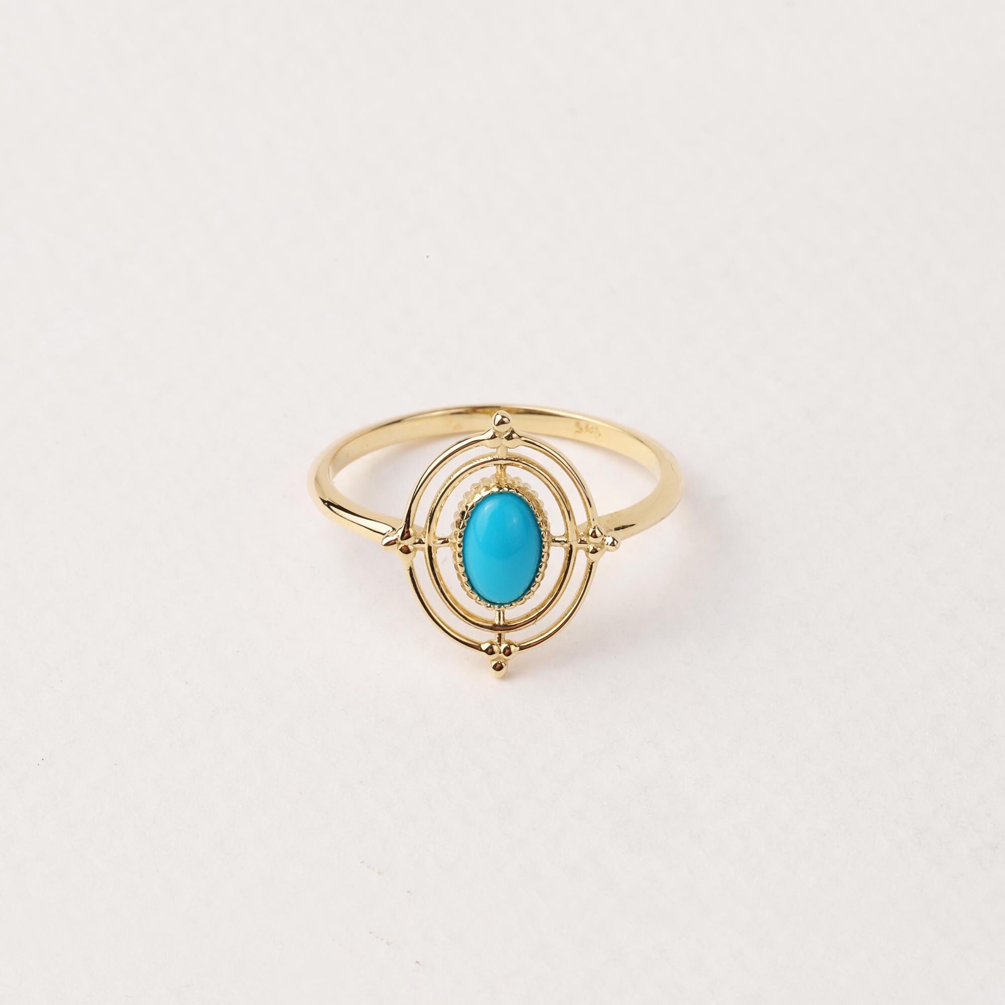 14K Gold Turquoise Stone Ring, Compass Polar Star Band, North Star Turquoise Ring, Astrology Starburst Ring, Luck Star, Celestial Pinky Ring