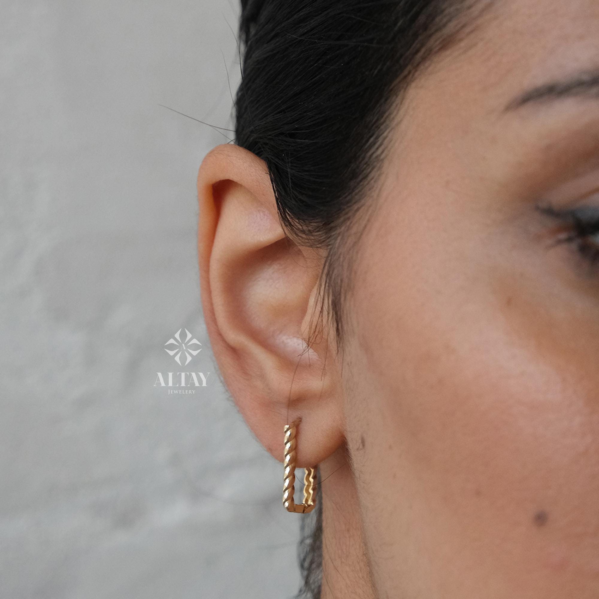 14K Gold Rectangle Rope Earrings, Twisted Stone Hoop Earrings, Tiny Spiral Dainty Earring, Dainty Delicate Gift For Her, Mothers Day Gift