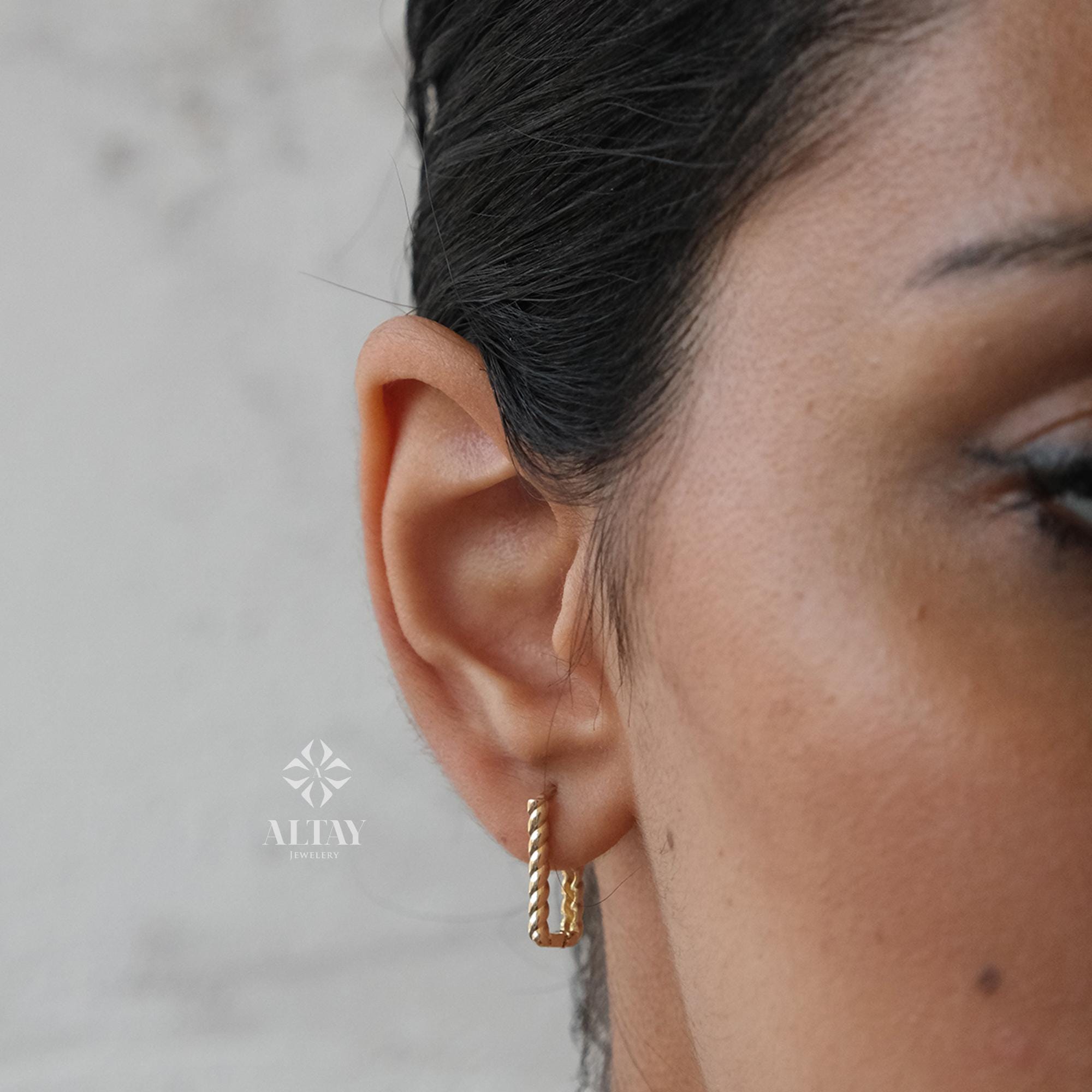 14K Gold Rectangle Rope Earrings, Twisted Stone Hoop Earrings, Tiny Spiral Dainty Earring, Dainty Delicate Gift For Her, Mothers Day Gift