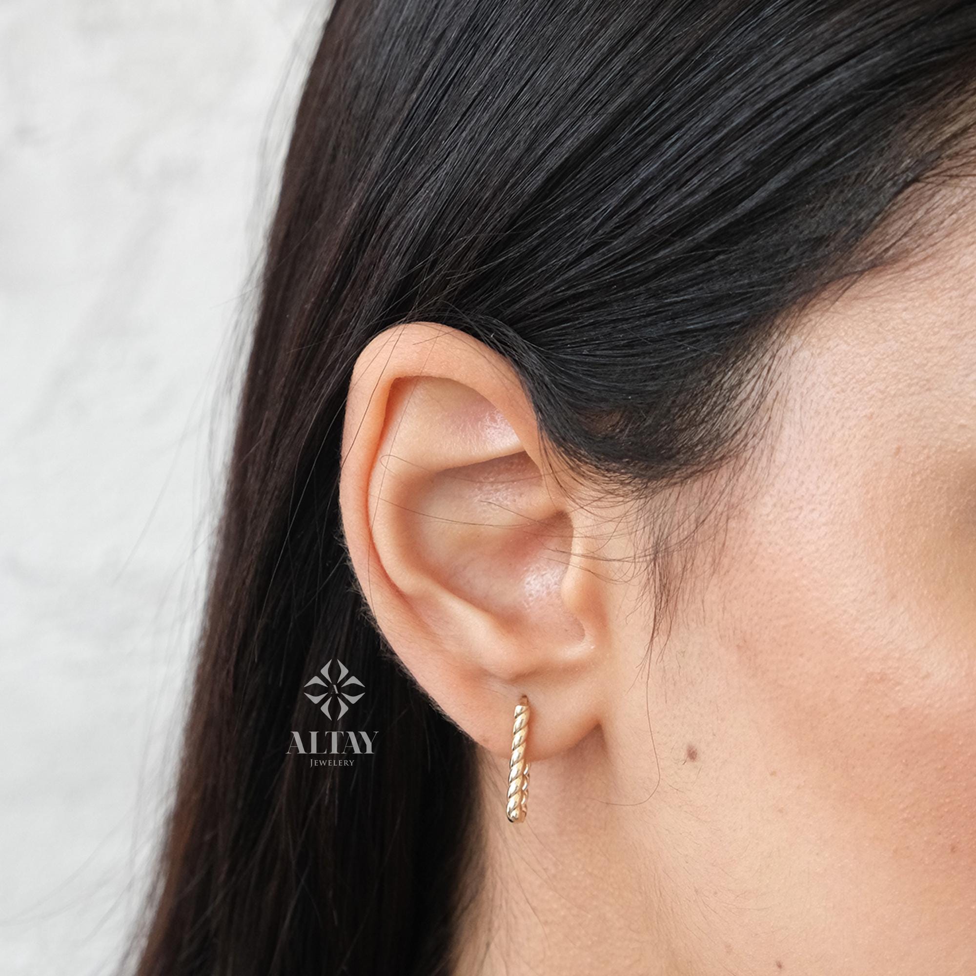 14K Gold Rectangle Rope Earrings, Twisted Stone Hoop Earrings, Tiny Spiral Dainty Earring, Dainty Delicate Gift For Her, Mothers Day Gift