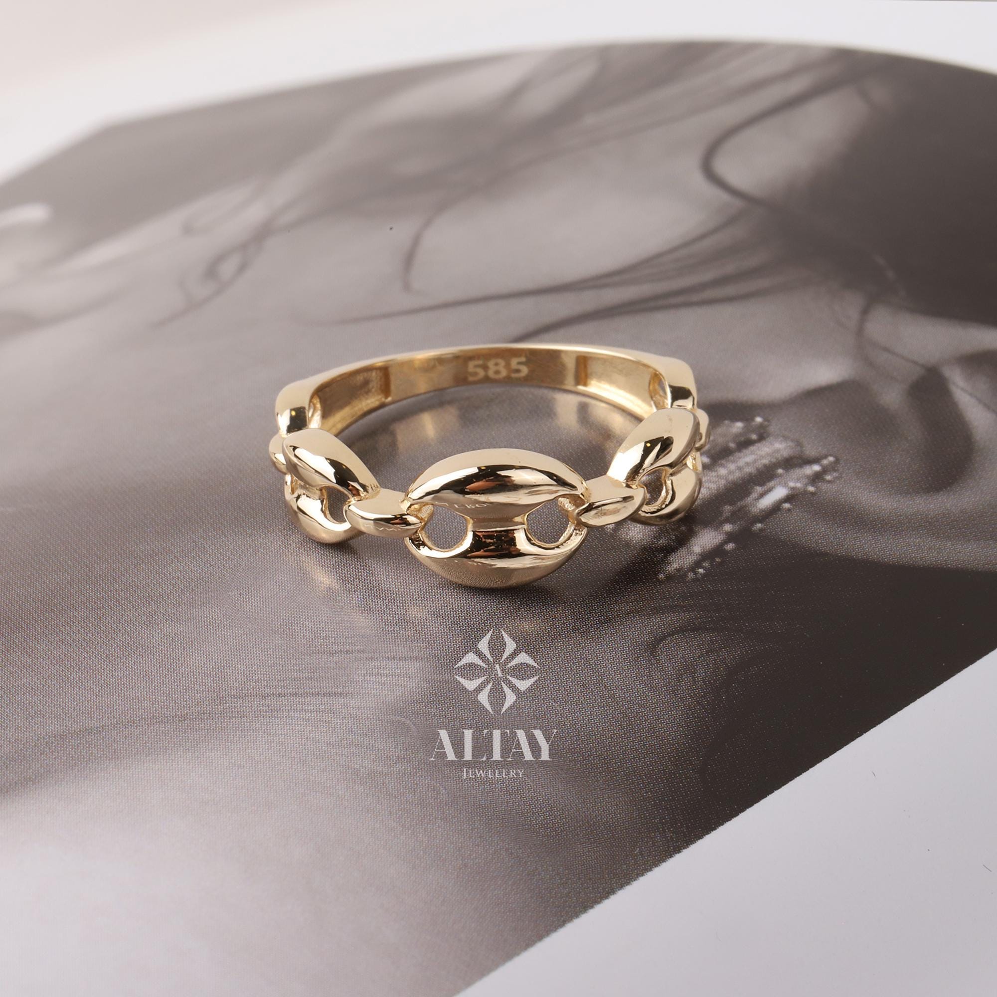 14K Gold Chain Ring, Mariner Link Ring, Thick Chain Puff Ring, Bold Chain Ring, Mariner Gold Stacking Ring, Layering Minimalist Chain Link