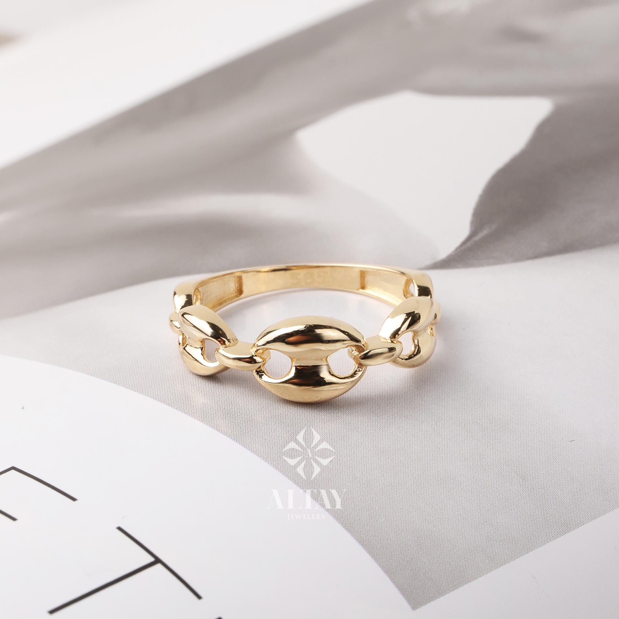 14K Gold Chain Ring, Mariner Link Ring, Thick Chain Puff Ring, Bold Chain Ring, Mariner Gold Stacking Ring, Layering Minimalist Chain Link