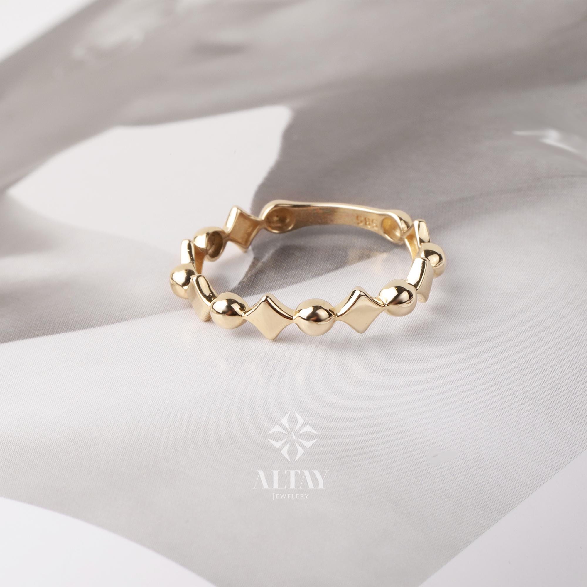 14K Gold Ball Ring, Beaded Knuckle Band, Tiny Square Bead Ring, Minimalist Stacking Ring, Round Bead Eternity Ring, Dainty Wedding Ring