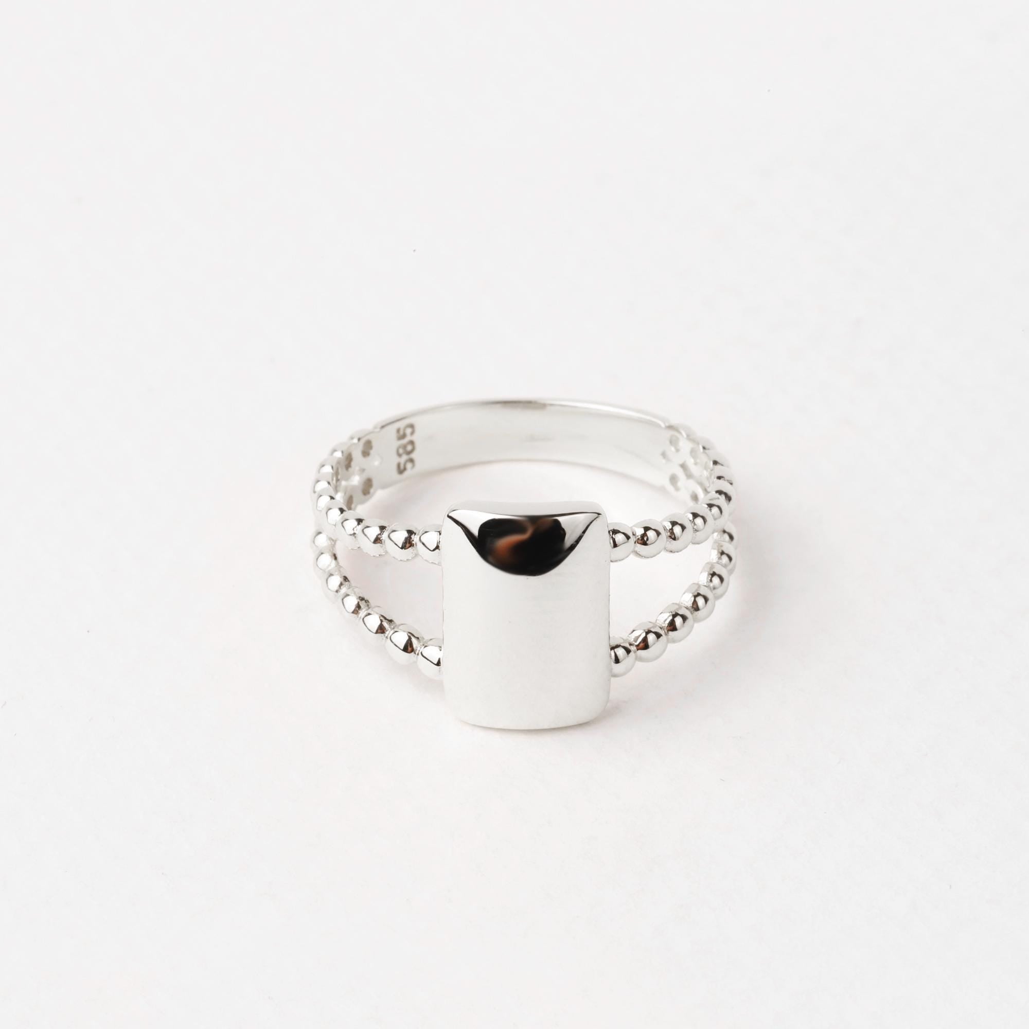 14K Gold Rectangle Name Ring, Plain Stacking Ring, Date Bar Nameplate, Stackable Knuckle, Custom Name Ring, Flower Engraved Personalized