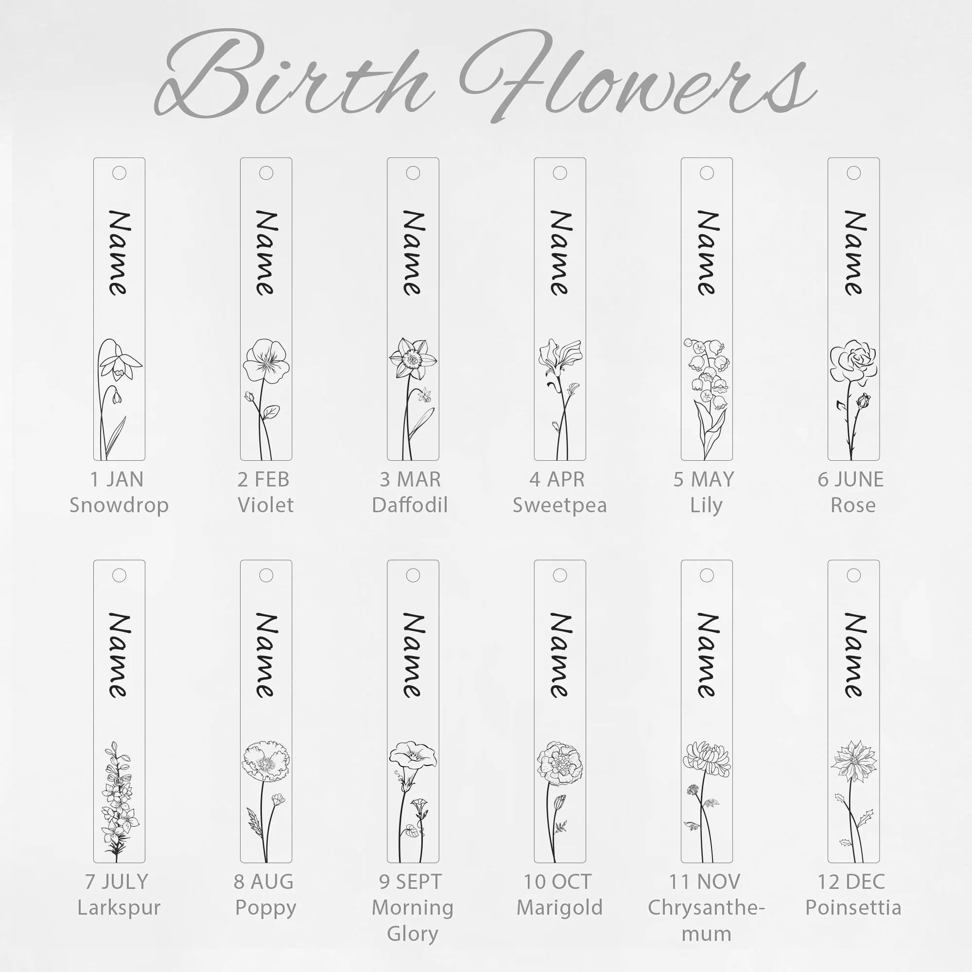 14K Gold Birth Flower Tag Necklace, Gold Bar Tag Pendant, Custom Engraved Birth flower Necklace, Floral Dainty Charm, Flower Birth Month