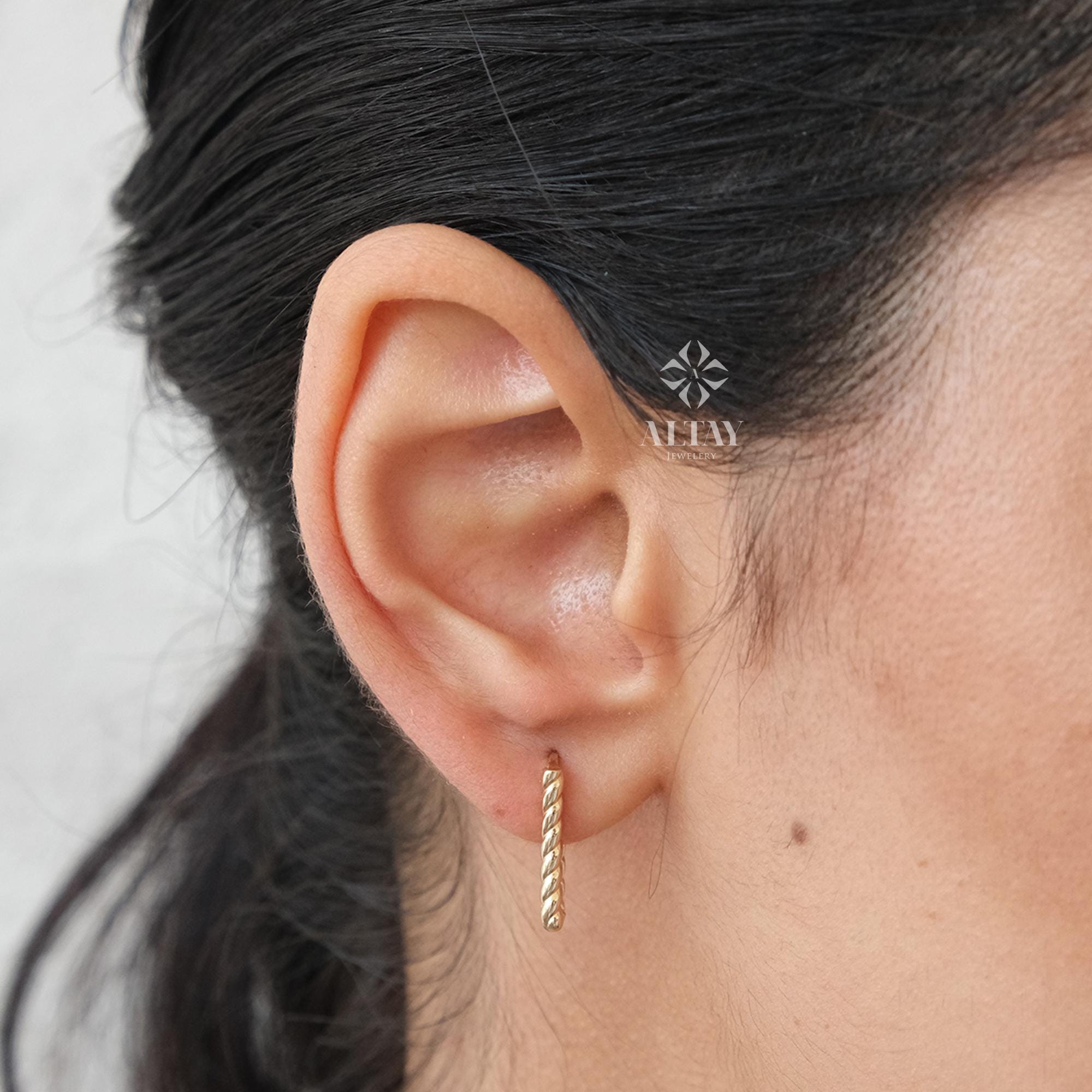 14K Gold Rectangle Rope Earrings, Twisted Stone Hoop Earrings, Tiny Spiral Dainty Earring, Dainty Delicate Gift For Her, Mothers Day Gift