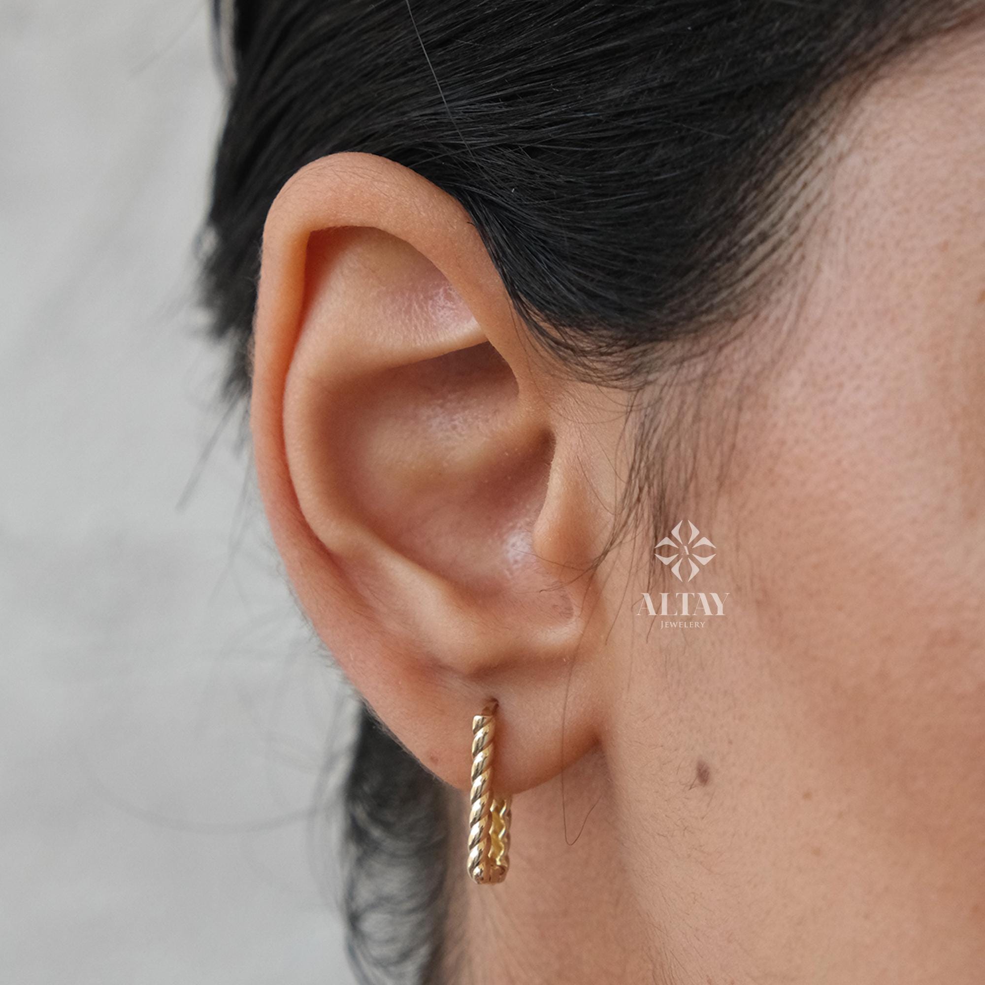 14K Gold Rectangle Rope Earrings, Twisted Stone Hoop Earrings, Tiny Spiral Dainty Earring, Dainty Delicate Gift For Her, Mothers Day Gift