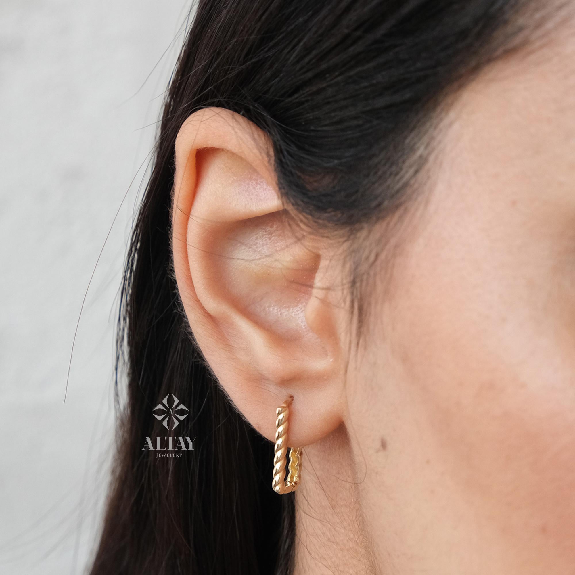14K Gold Rectangle Rope Earrings, Twisted Stone Hoop Earrings, Tiny Spiral Dainty Earring, Dainty Delicate Gift For Her, Mothers Day Gift