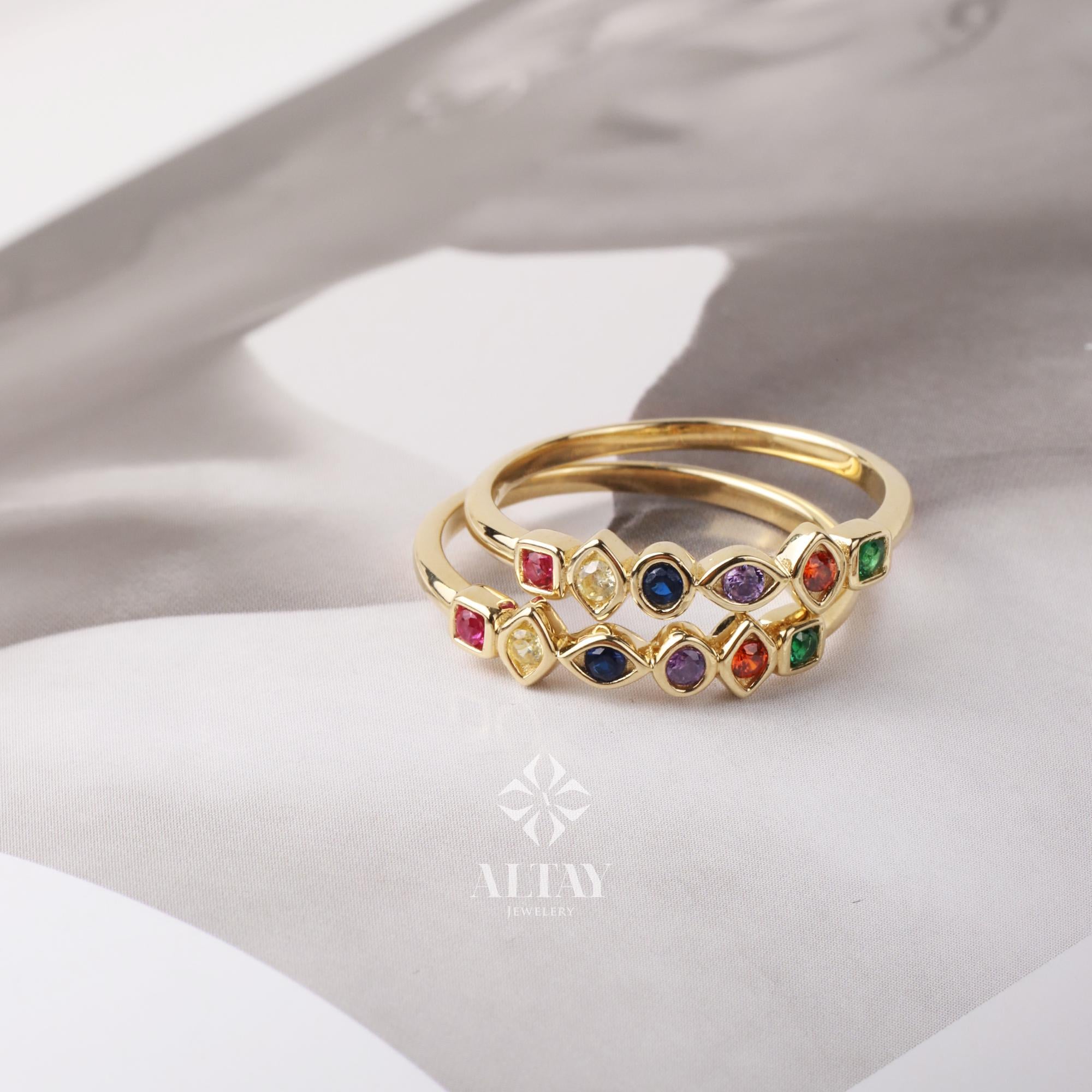 14K Gold Birthstone Ring, Multi Stone Gold Ring, Engagement Band Ring, Promise Ring, Birthstone Ring, Stacking Bridal Ring, Beaded Gold Ring