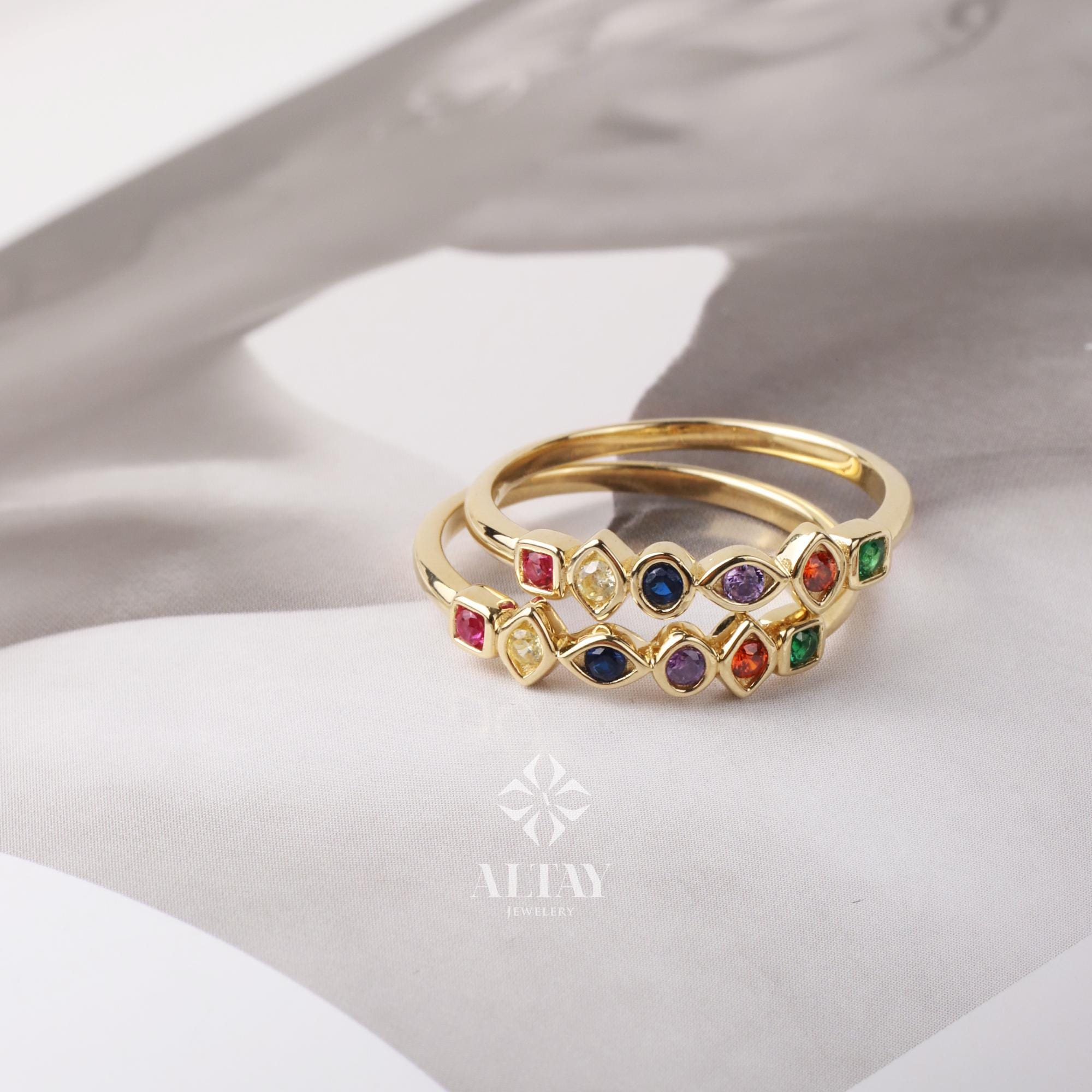 14K Gold Birthstone Ring, Multi Stone Gold Ring, Engagement Band Ring, Promise Ring, Birthstone Ring, Stacking Bridal Ring, Beaded Gold Ring