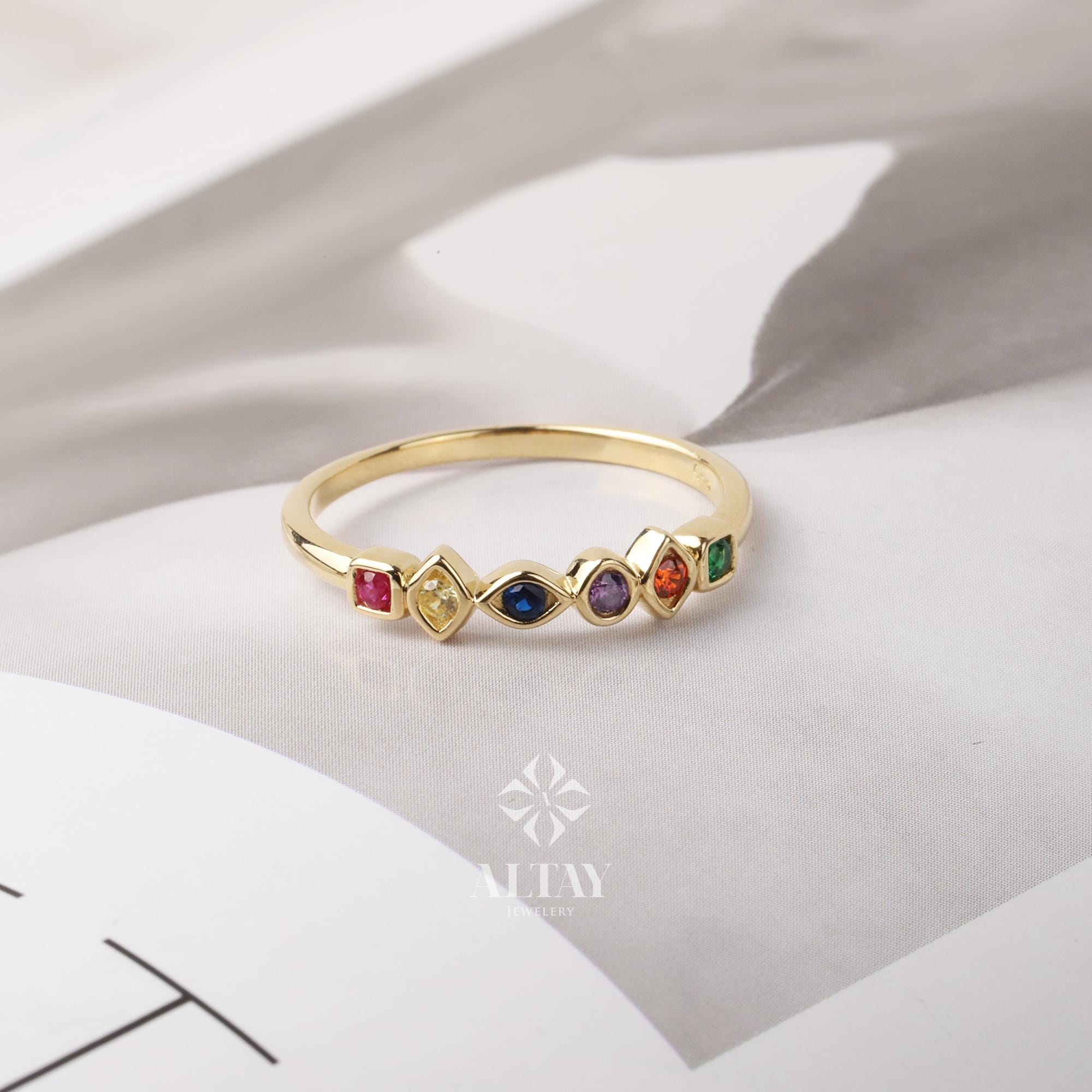 14K Gold Birthstone Ring, Multi Stone Gold Ring, Engagement Band Ring, Promise Ring, Birthstone Ring, Stacking Bridal Ring, Beaded Gold Ring